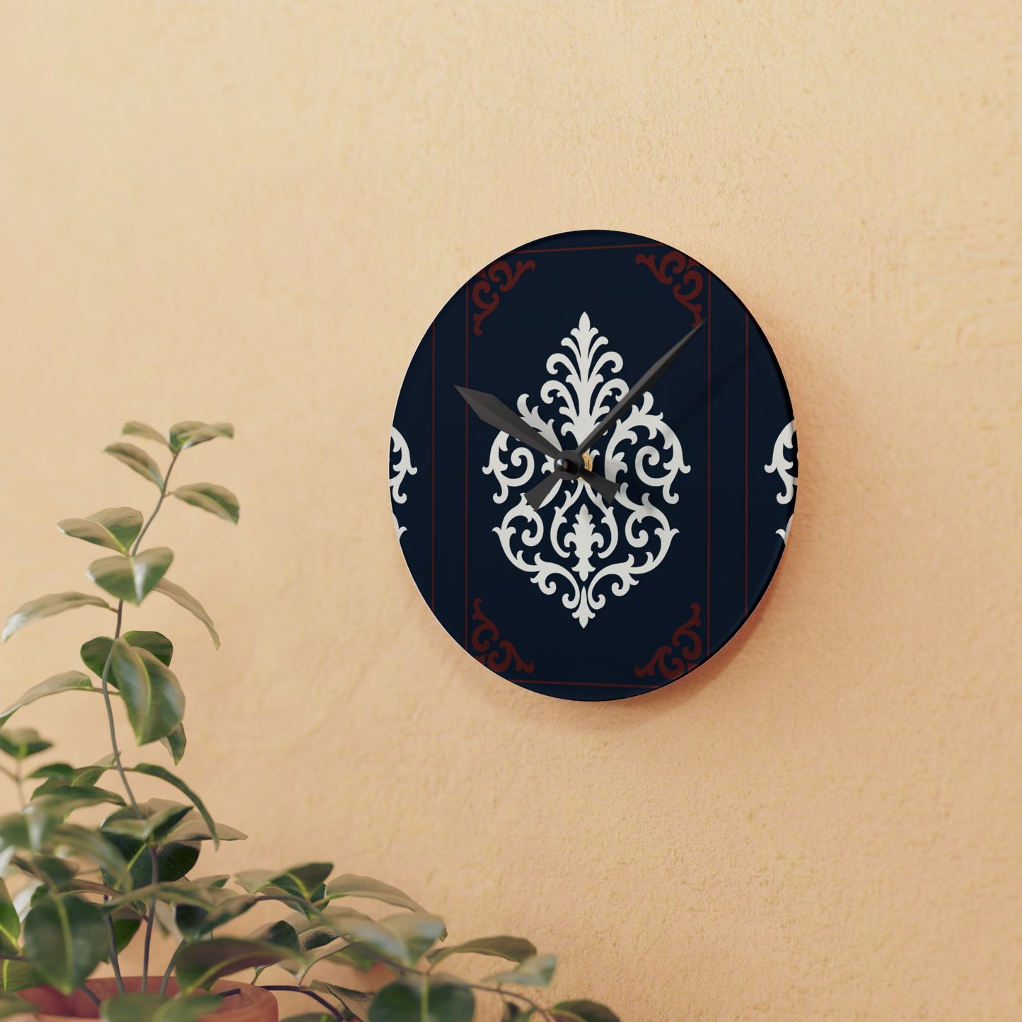 Dusk Blue-Maroon & White Baroque Acrylic Wall Clock — Navy & Ivory Decorative Timepiece