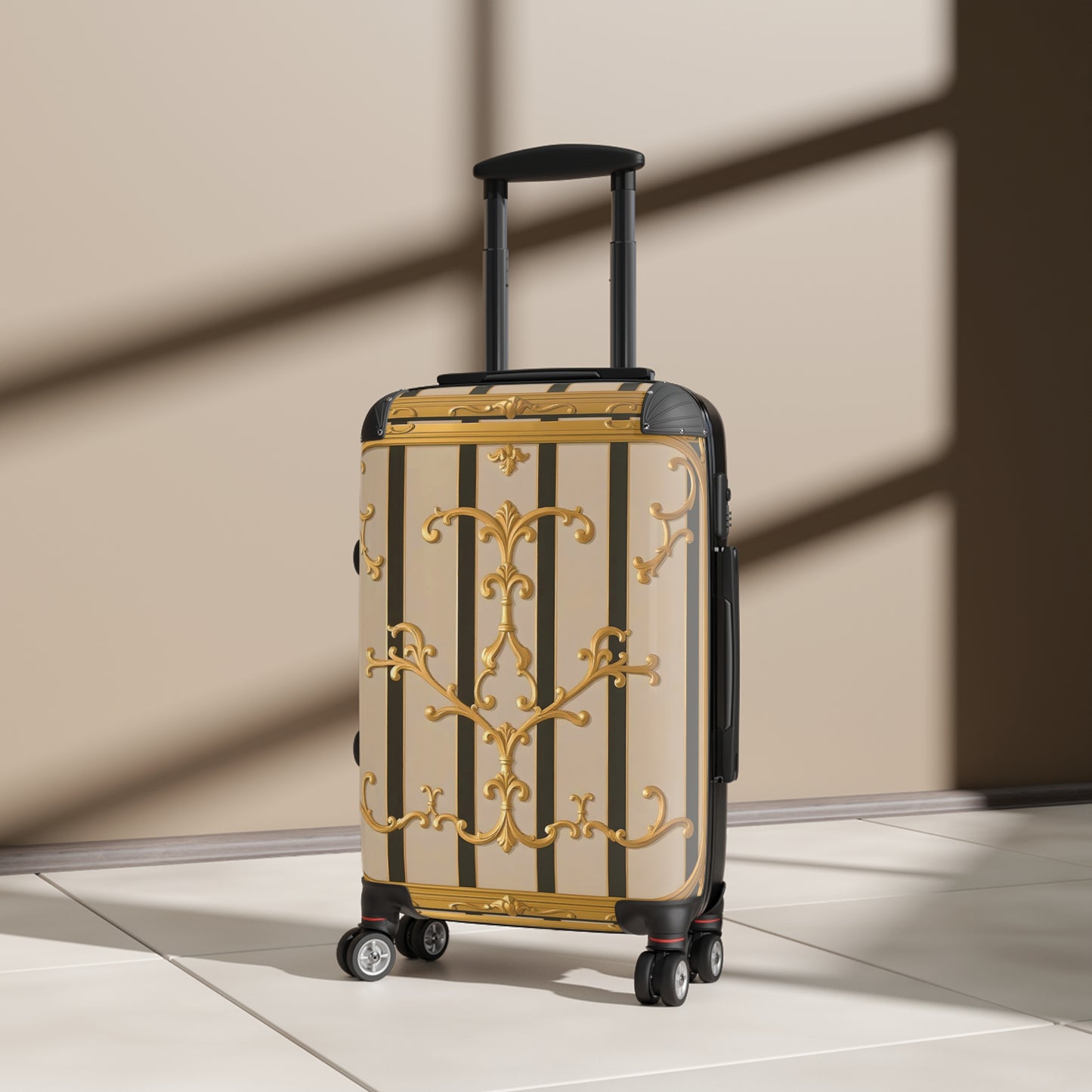 Elegant Travel Suitcase with Vintage Design, Stylish Luggage for Adventurers, Holiday Travel Gear - Beige Striped Gold Rococo