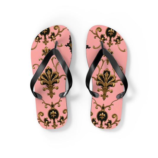 Stylish Flip Flops with Elegant Pink Design, Summer Footwear, Beach Sandals, Vacation Essentials - Pink, Black & Gold Rococo