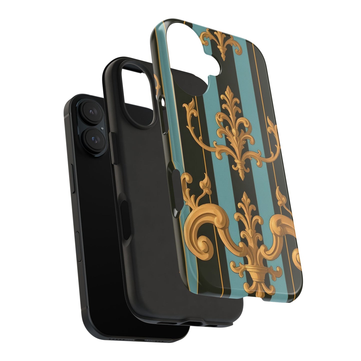 Elegant Baroque Tough Phone Case, Stylish Phone Cover, Durable iPhone Case, Unique Gift - Black & Turquoise Striped Baroque