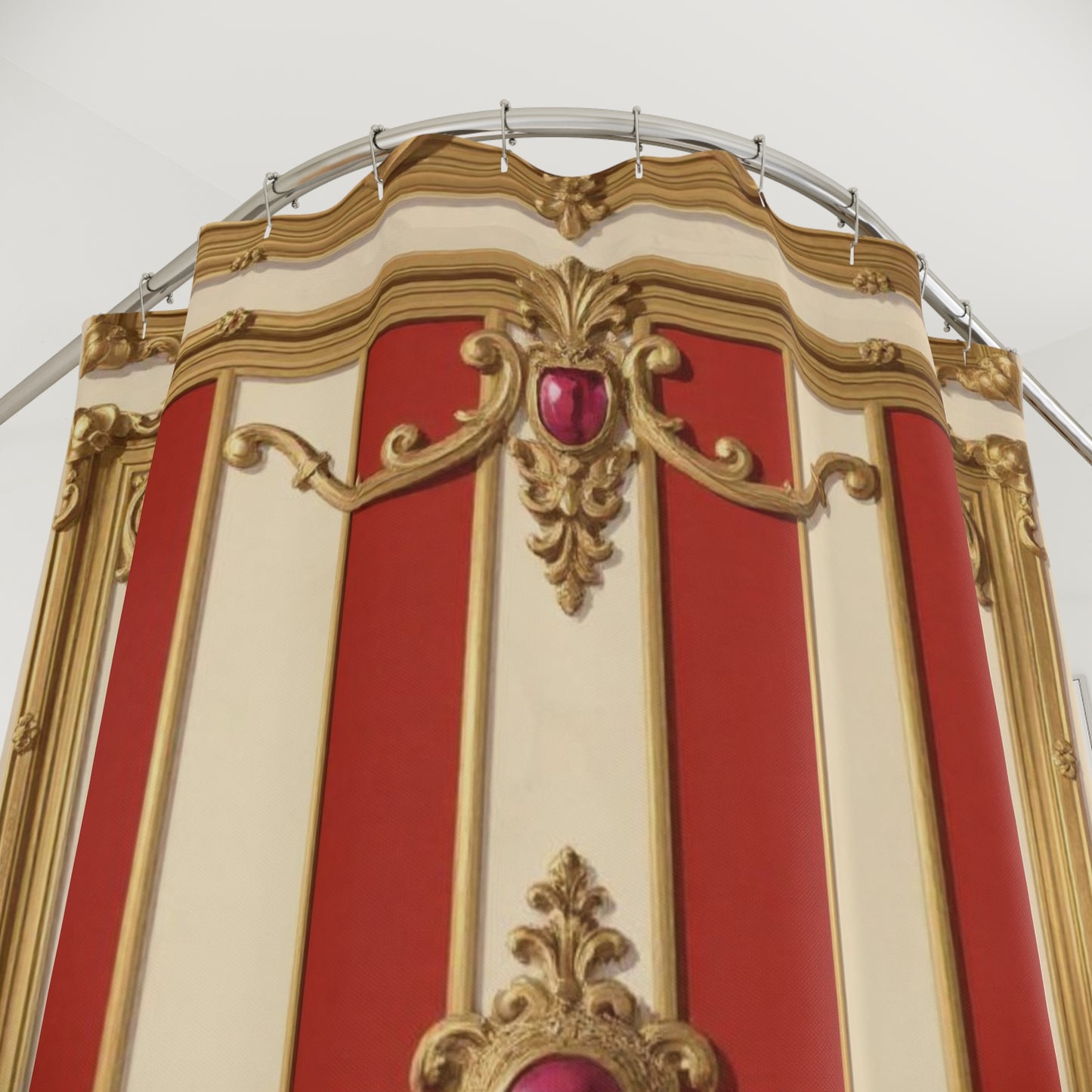 Elegant Vintage-Inspired Shower Curtain - Alabaster & Dusk Orange Striped Baroque