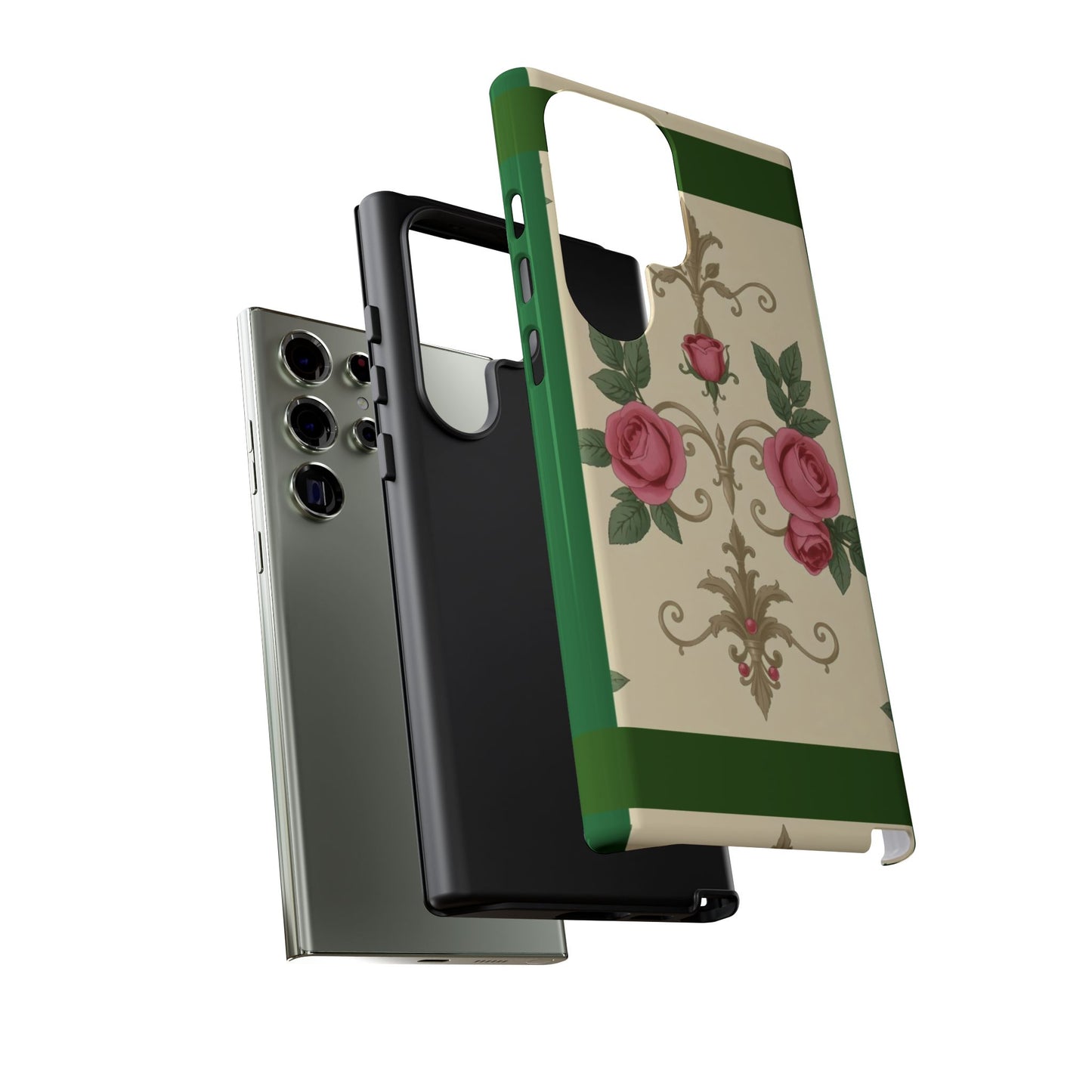 Elegant Floral Motif Phone Case - Tough Cases with Vintage Design - Green Border Roses & Damask