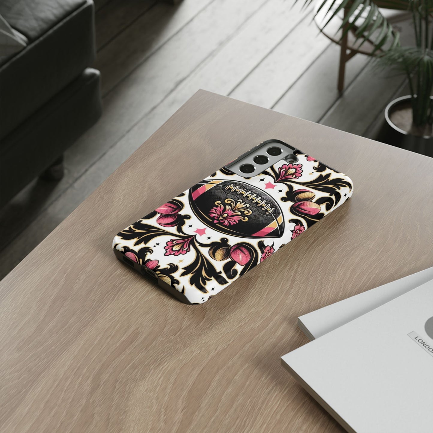 Elegant Floral Motif Phone Case - Tough Cases with Vintage Design - Damask White, Pink Gold & Black Football