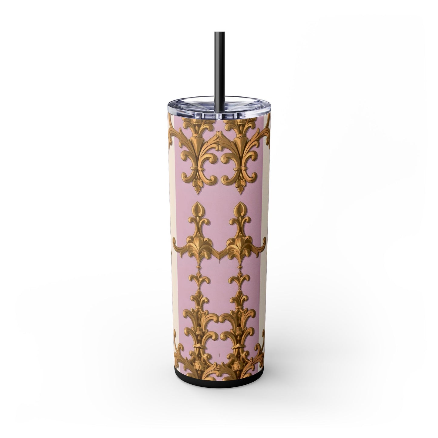 Elegant Pink Tumbler, Gold Patterned Travel Cup, Insulated Drink Holder, Stylish Coffee Tumbler - Lilac & Alabaster Striped Gold Baroque