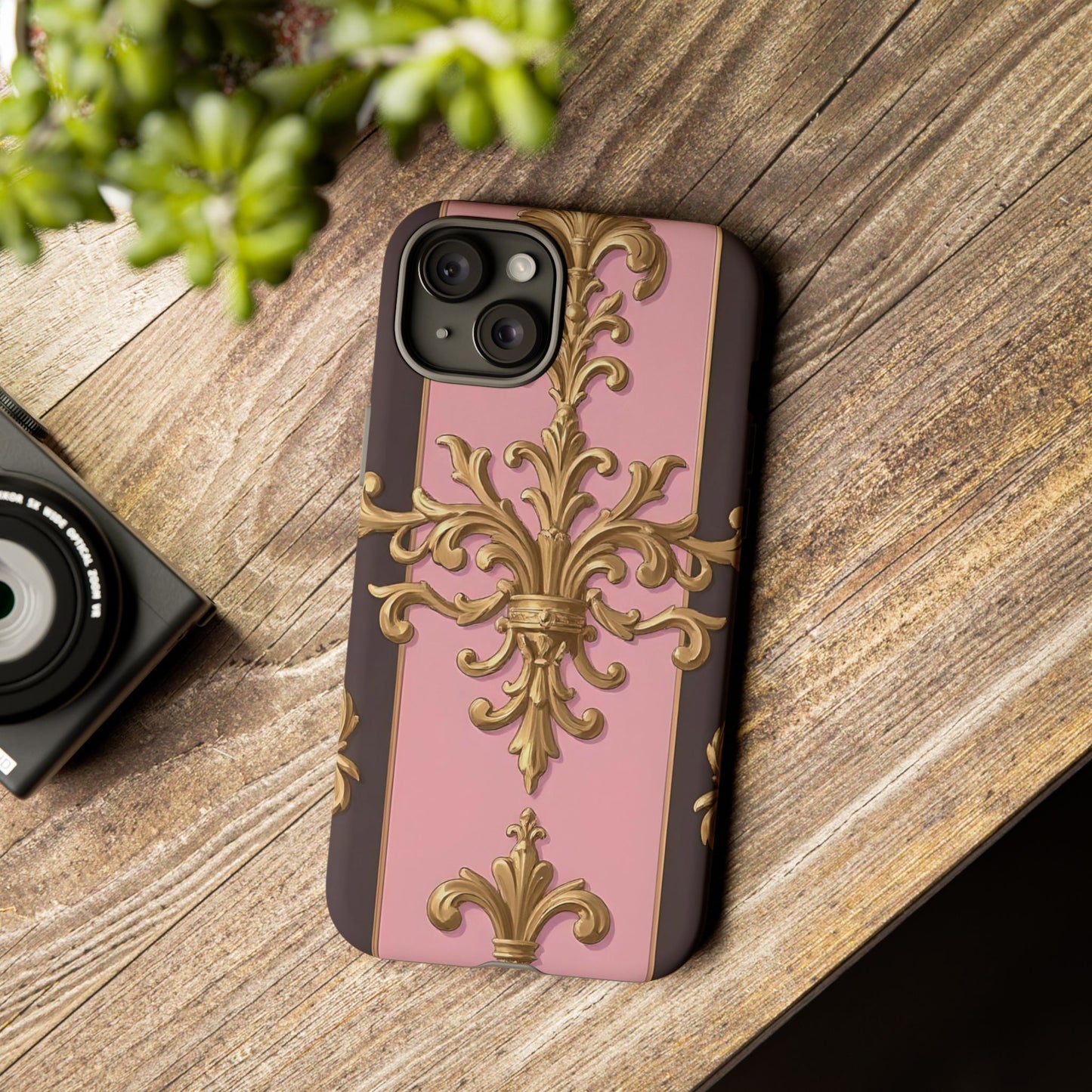 Elegant Floral Motif Phone Case - Tough Cases with Vintage Design - Pink & Brown Striped Gold Damask