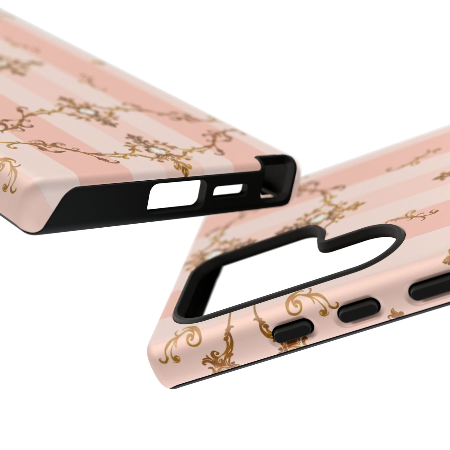 Elegant Floral Phone Case, Tough Cases for Women, Trendy Phone Cover, Chic Gift - Pink Jeweled Striped Gold Baroque