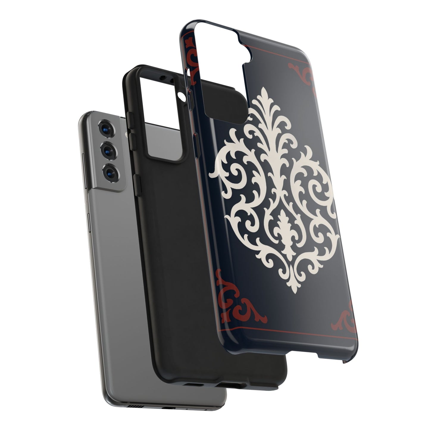 Dusk Blue-Maroon & White Baroque Tough Phone Case — Vintage Scroll Design
