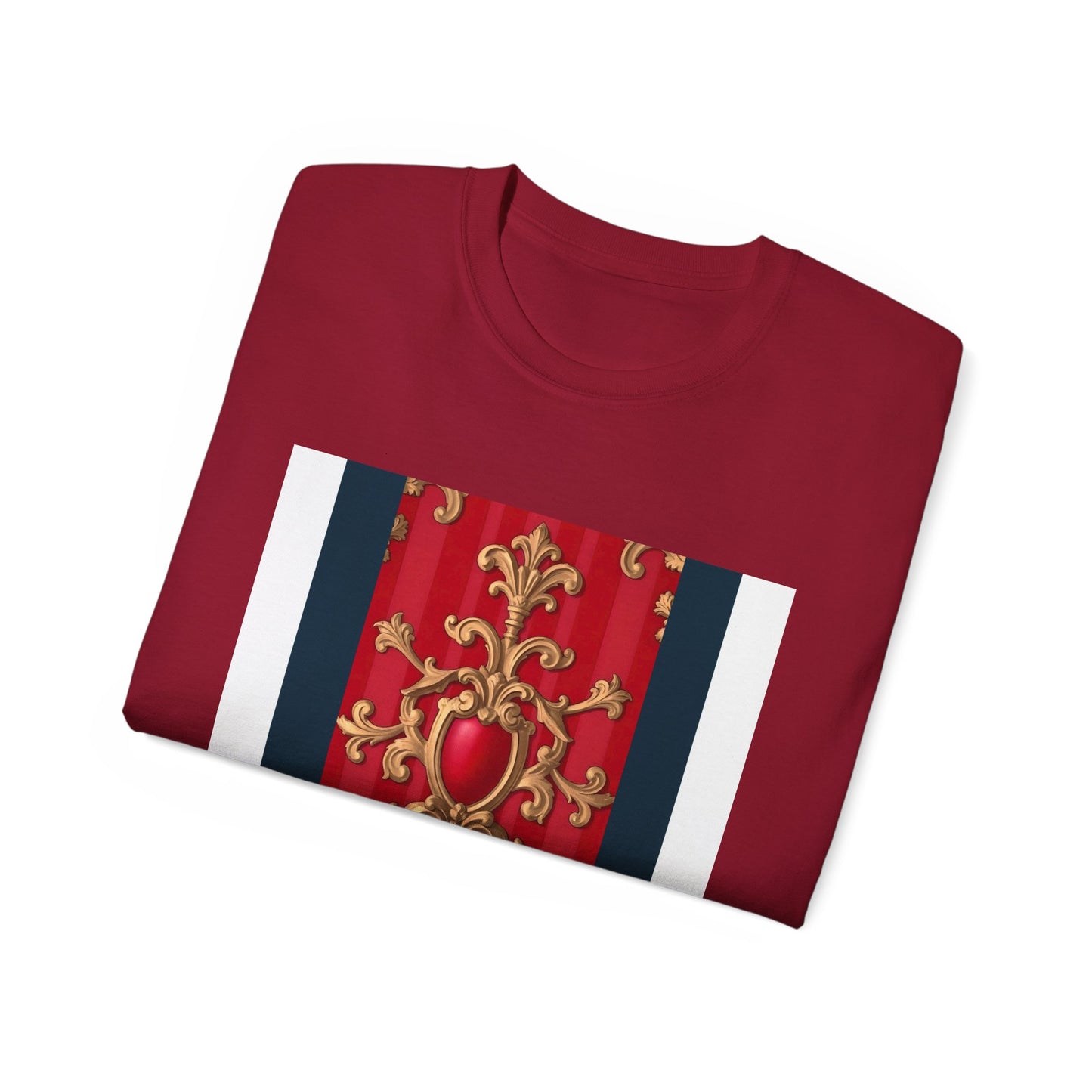 Regal Red Baroque T-Shirt, Artistic Tee, Gift for Art Lovers, Fashionable Statement Shirt, Unique Graphic Top - Blue, Red & White Striped Baroque