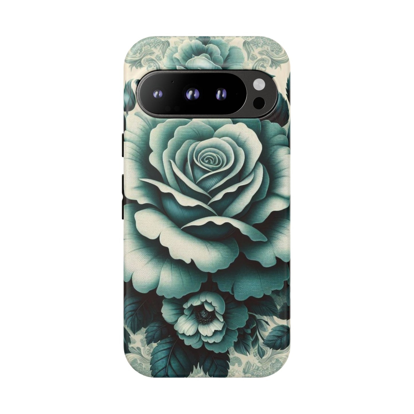 Elegant Floral Motif Phone Case - Tough Cases with Vintage Design - Teal Roses & Damask