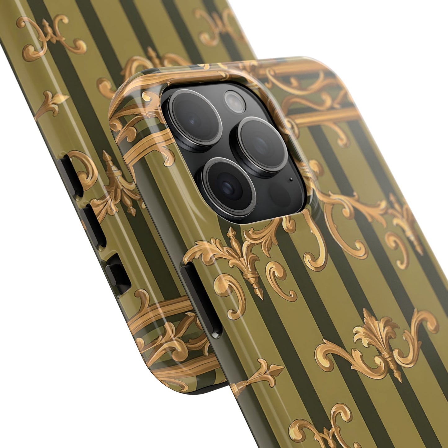 Elegant Vintage Phone Case - Tough Protection with Classy Design, Stylish Phone Cover for Fashion Lovers - Olive Green Striped Rococo