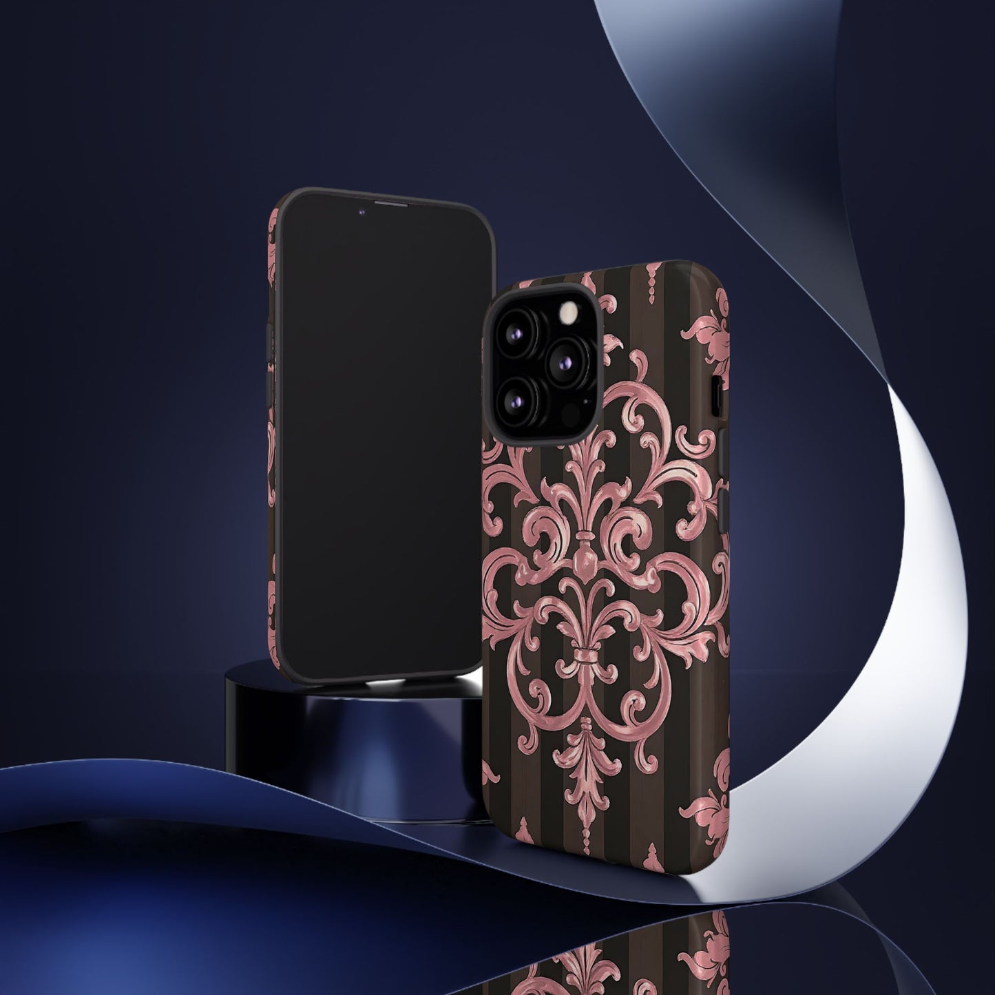 Elegant Floral Motif Phone Case - Tough Cases with Vintage Design - Brown Striped Mauve Damask