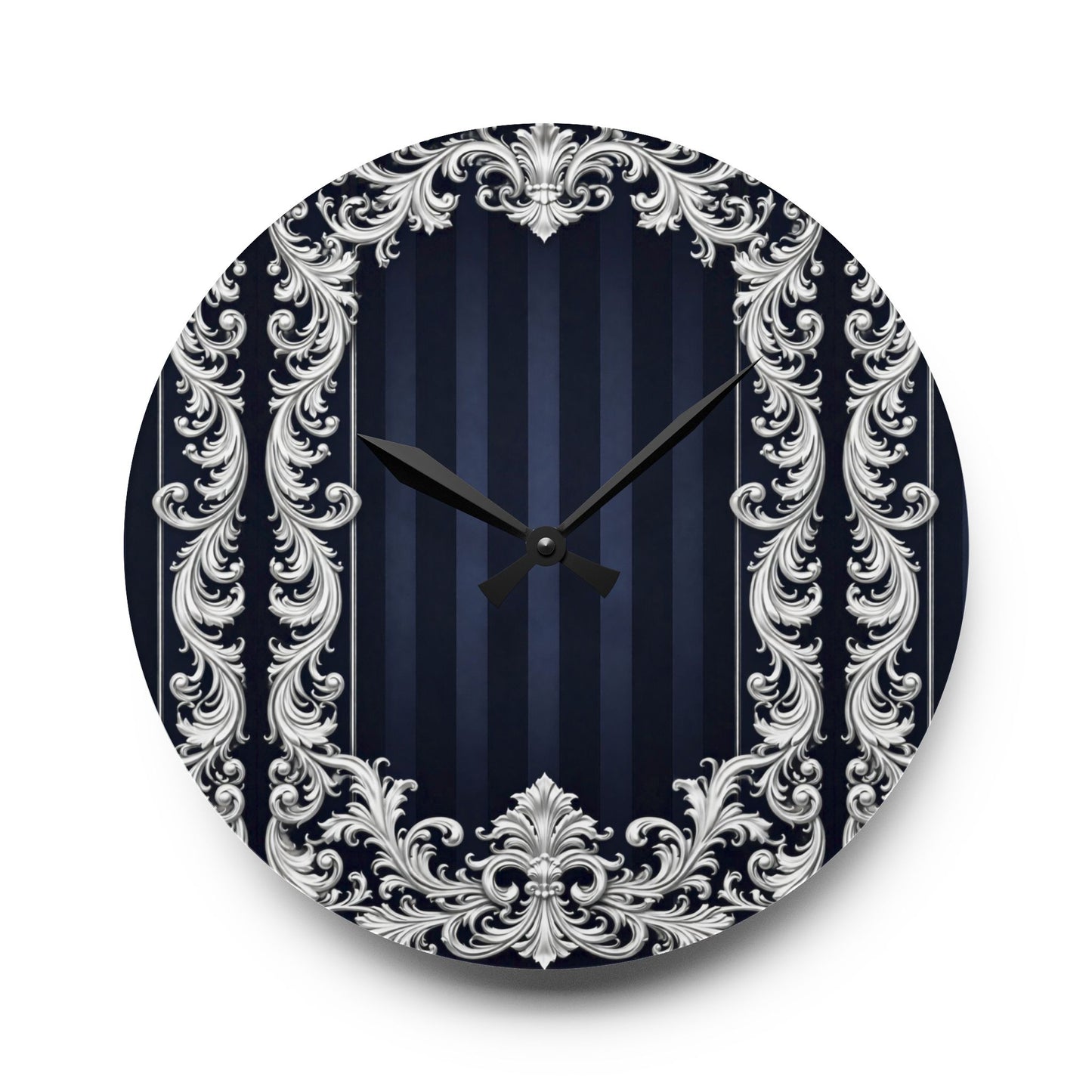 Vintage Baroque Acrylic Wall Clock — Navy Stripes & Baroque Silver Frame