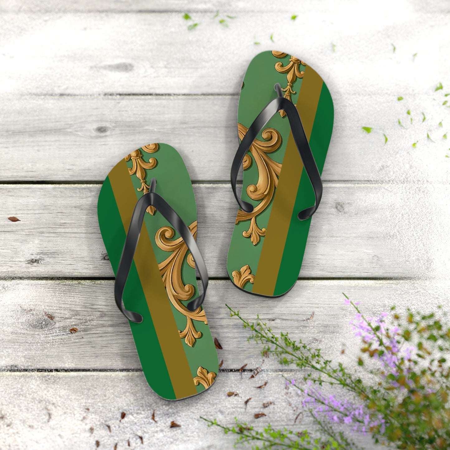 Stylish Summer Flip Flops | Elegant Beach Sandals | Trendy Footwear for Vacation | Perfect Gift for Hot Days - Olive Green Striped Rococo