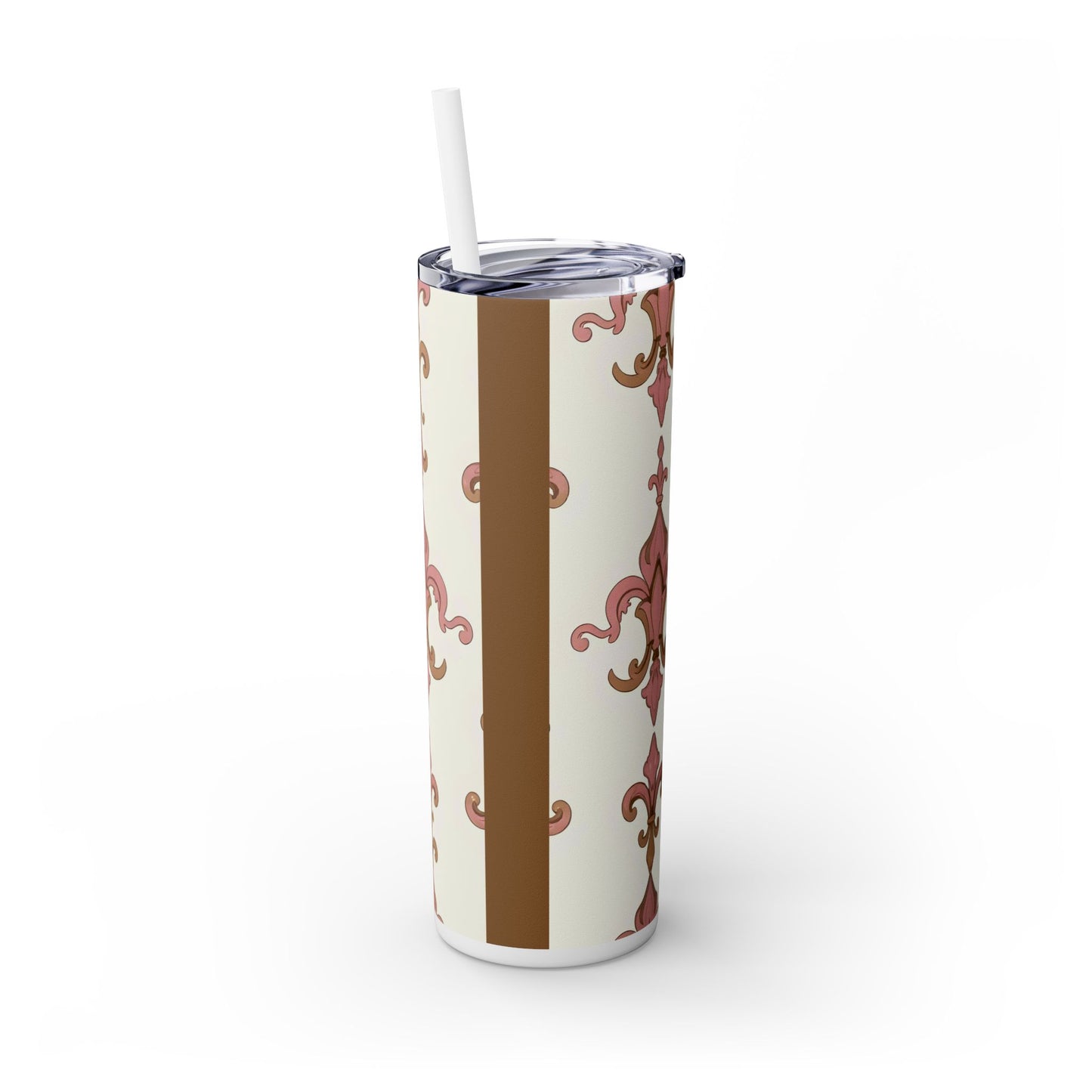 Elegant Floral Skinny Tumbler, 20oz Drinkware, Stylish Travel Mug, Wedding Gift, Personalized Gift, Eco-Friendly Cup - Brown Striped Pink Arabesque