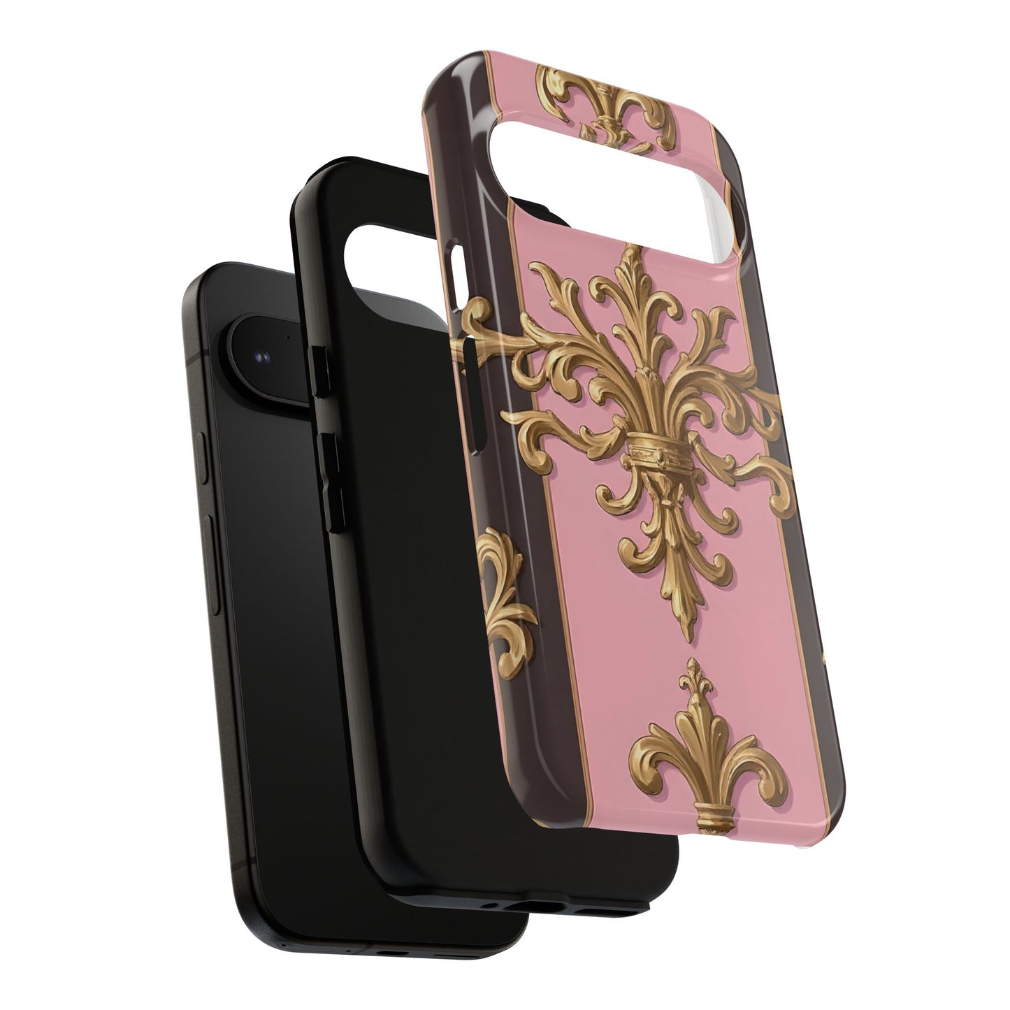 Elegant Floral Motif Phone Case - Tough Cases with Vintage Design - Pink & Brown Striped Gold Damask