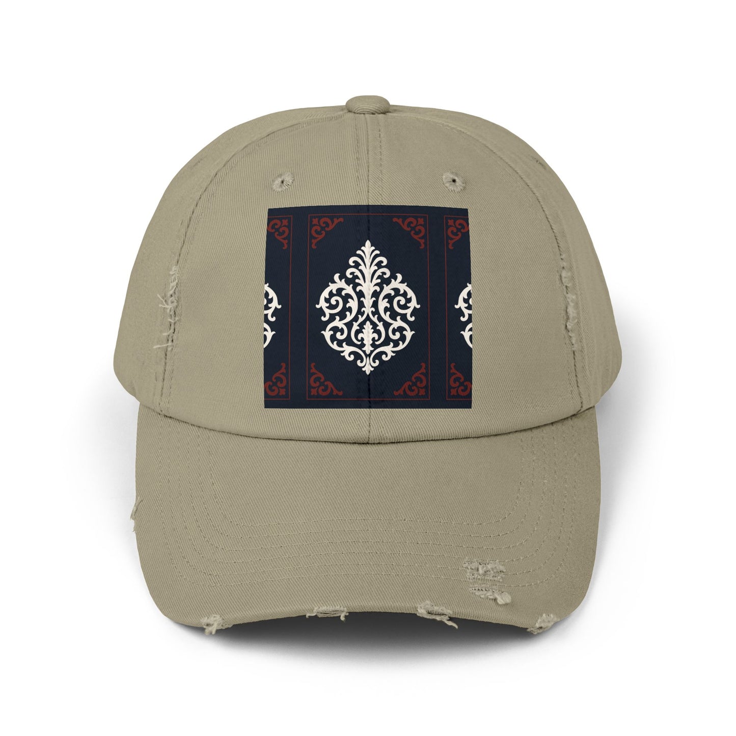 Dusk Blue & Maroon-White Baroque Distressed Cap with Ornamental Medallion Patch