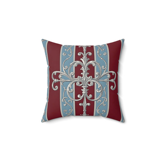 Elegant Faux Suede Decorative Pillow - Vintage Floral Design - Ice Blue & Burgundy Striped Baroque