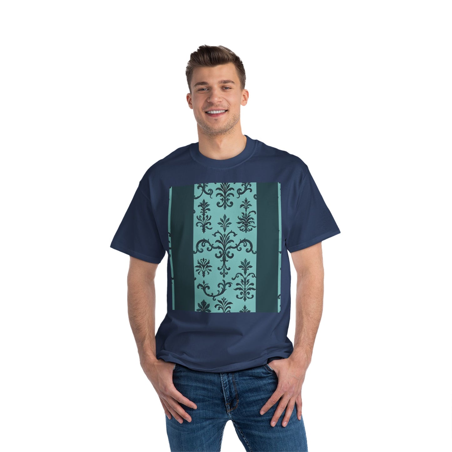 Elegant Floral T-Shirt - Vintage Design, Casual Wear, Gift for Her, Summer Fashion, Stylish Tee - Teal Striped Rococo