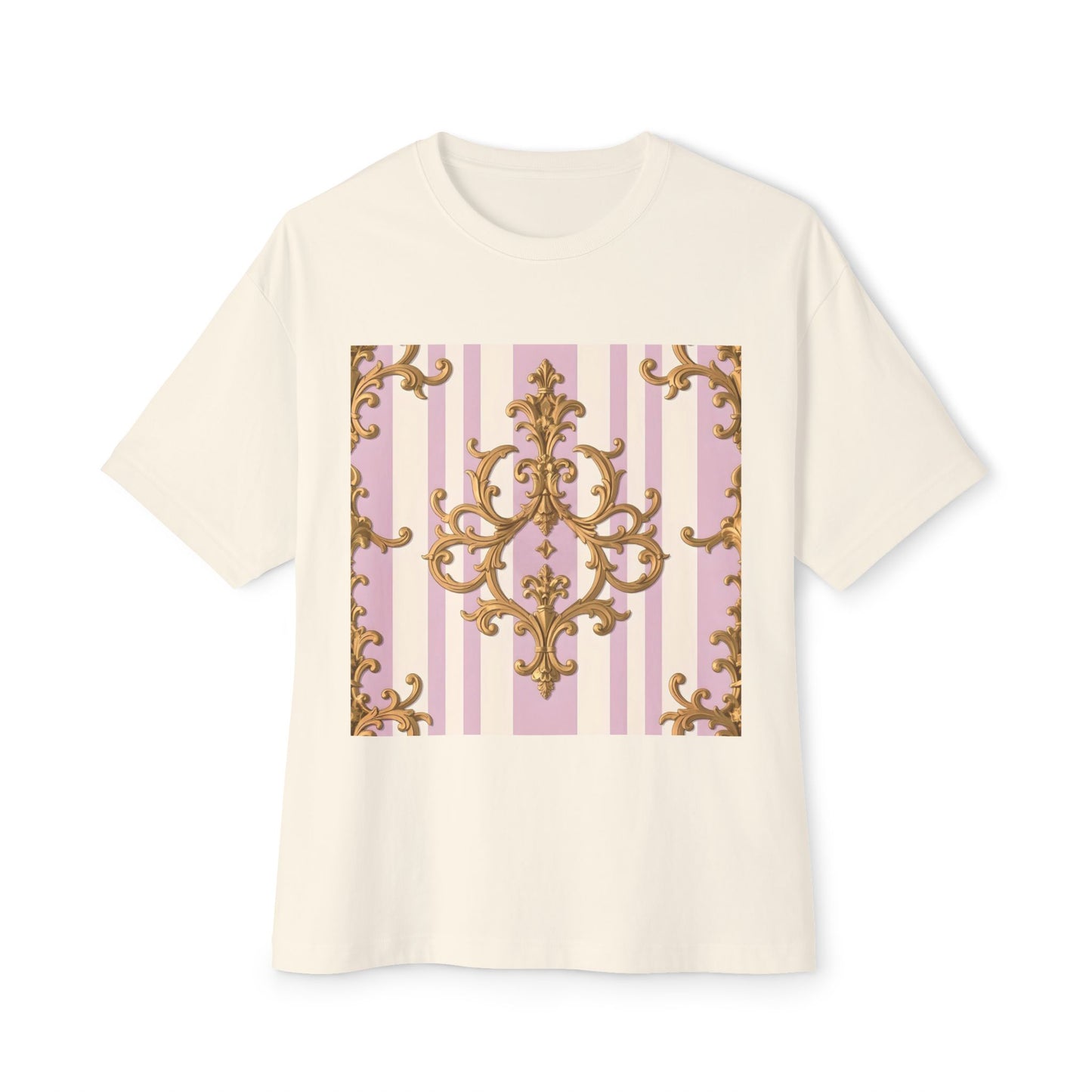 Chic Oversized Boxy Tee for Stylish Comfort, Casual Wear, Graphic Tee, Trendy Fashion, Gifts for Her - Lilac & Alabaster Striped Gold Baroque