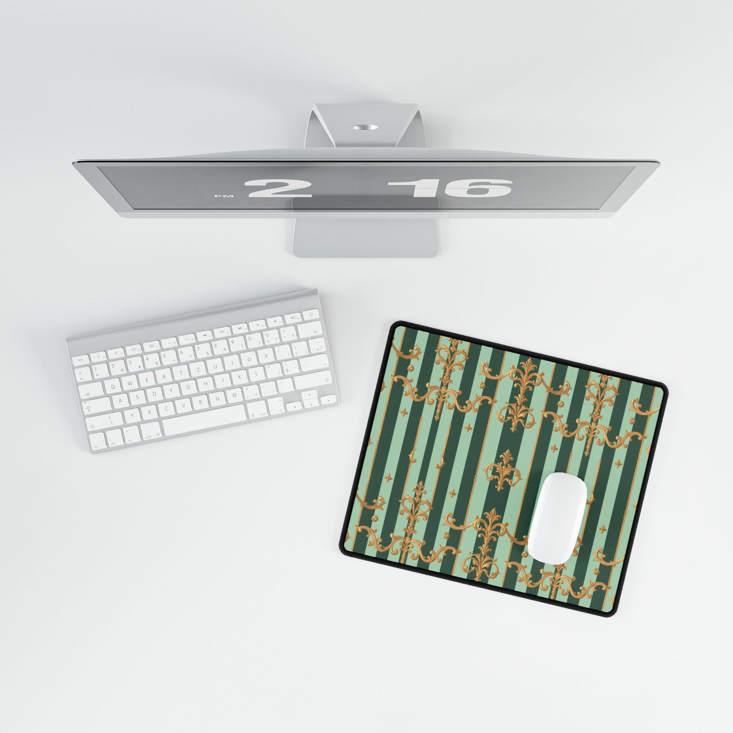 Elegant Office Desk Mats, Decorative Desk Accessories, Home Office Decor, Stylish Mouse Pads - Mint Green & Teal Striped Gold Baroque