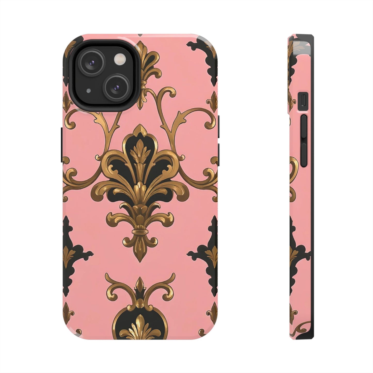 Chic Tough Phone Cases with Floral Design, Elegant Phone Cover, Durable Smartphone Case, Stylish Tech Accessory - Pink, Black & Gold Rococo