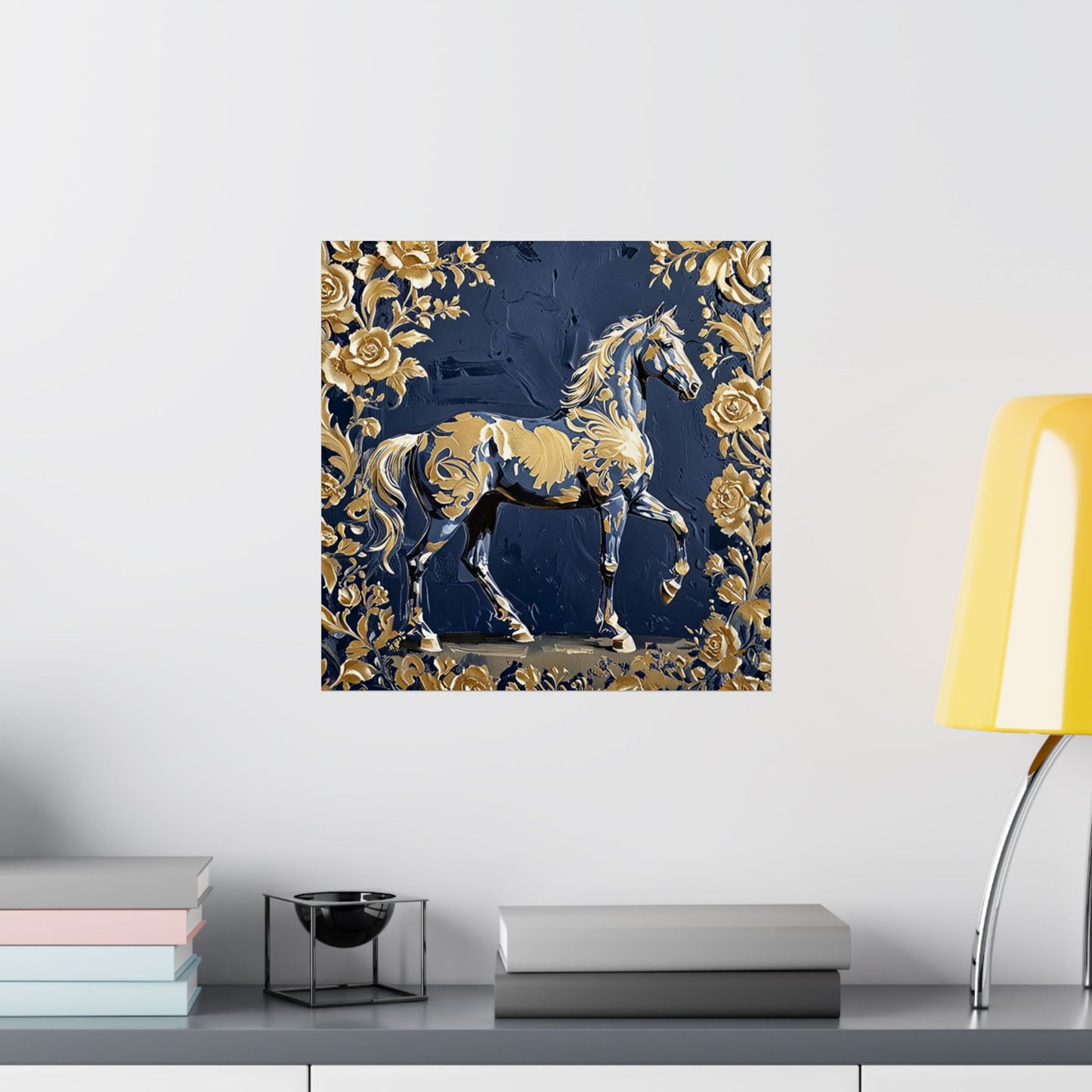 Floral Motif Art Poster - Elegant Matte Vertical Wall Decor - Midnight Blue & Gold Damask Horse