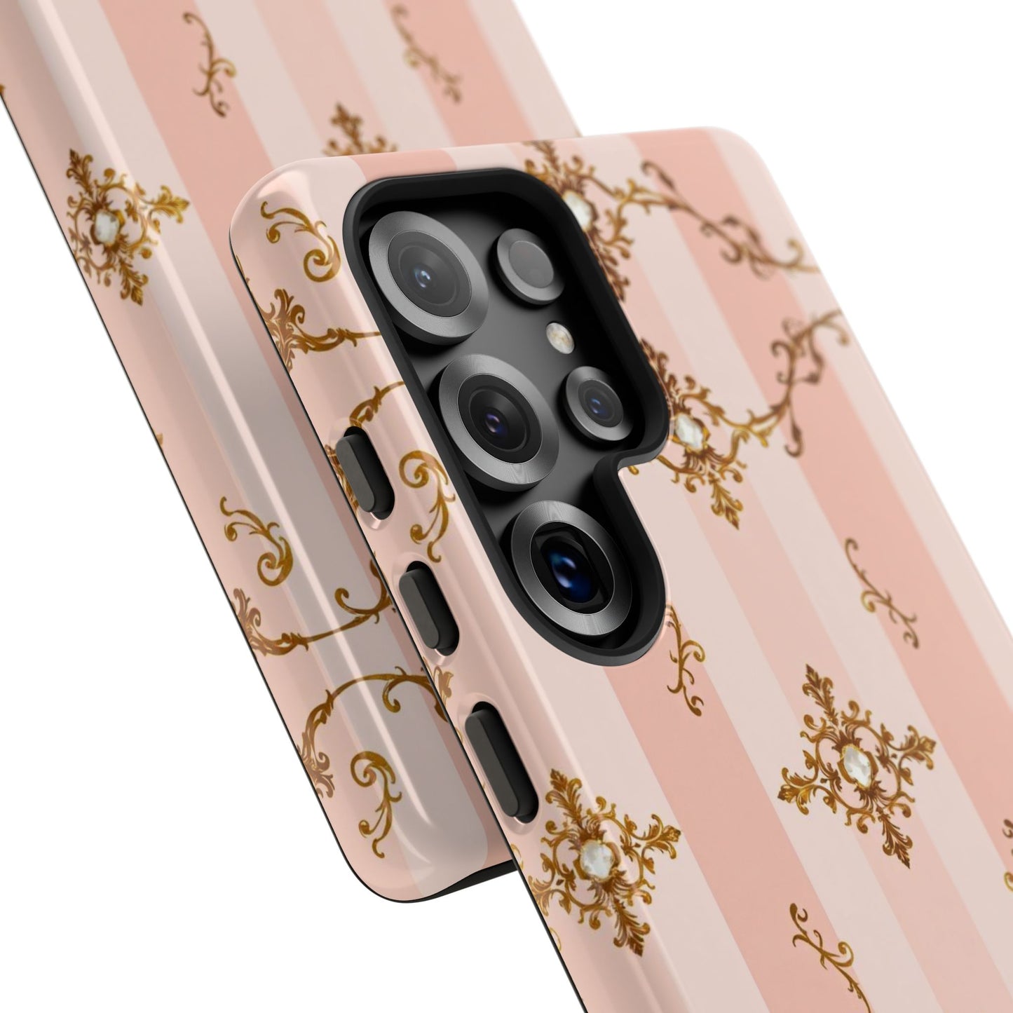 Elegant Floral Phone Case, Tough Cases for Women, Trendy Phone Cover, Chic Gift - Pink Jeweled Striped Gold Baroque
