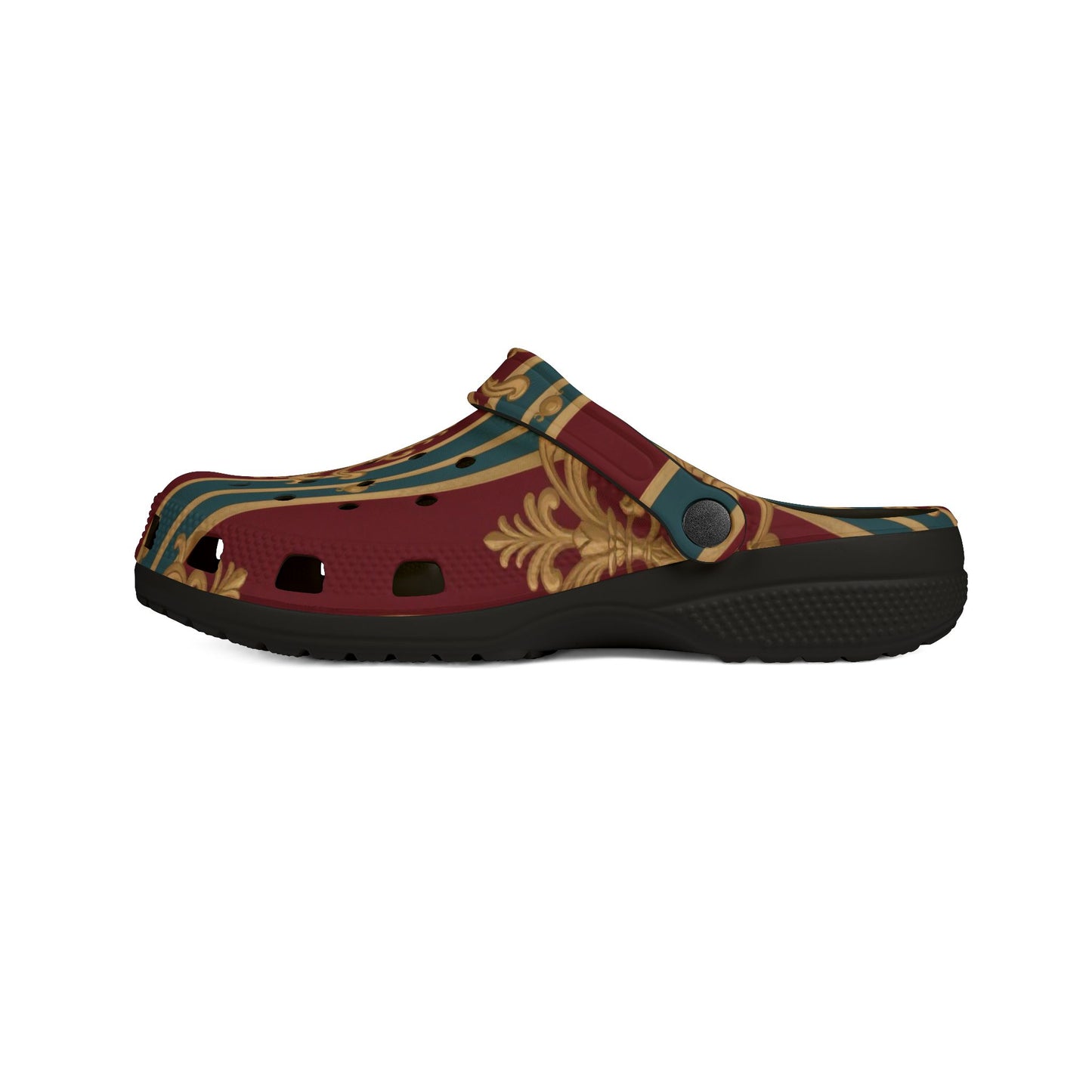 Stylish EVA Foam Slippers, Comfortable Home Footwear, Boho Slide-On Clogs for Relaxation, Gift for Her - Burgundy Striped Gold Baroque