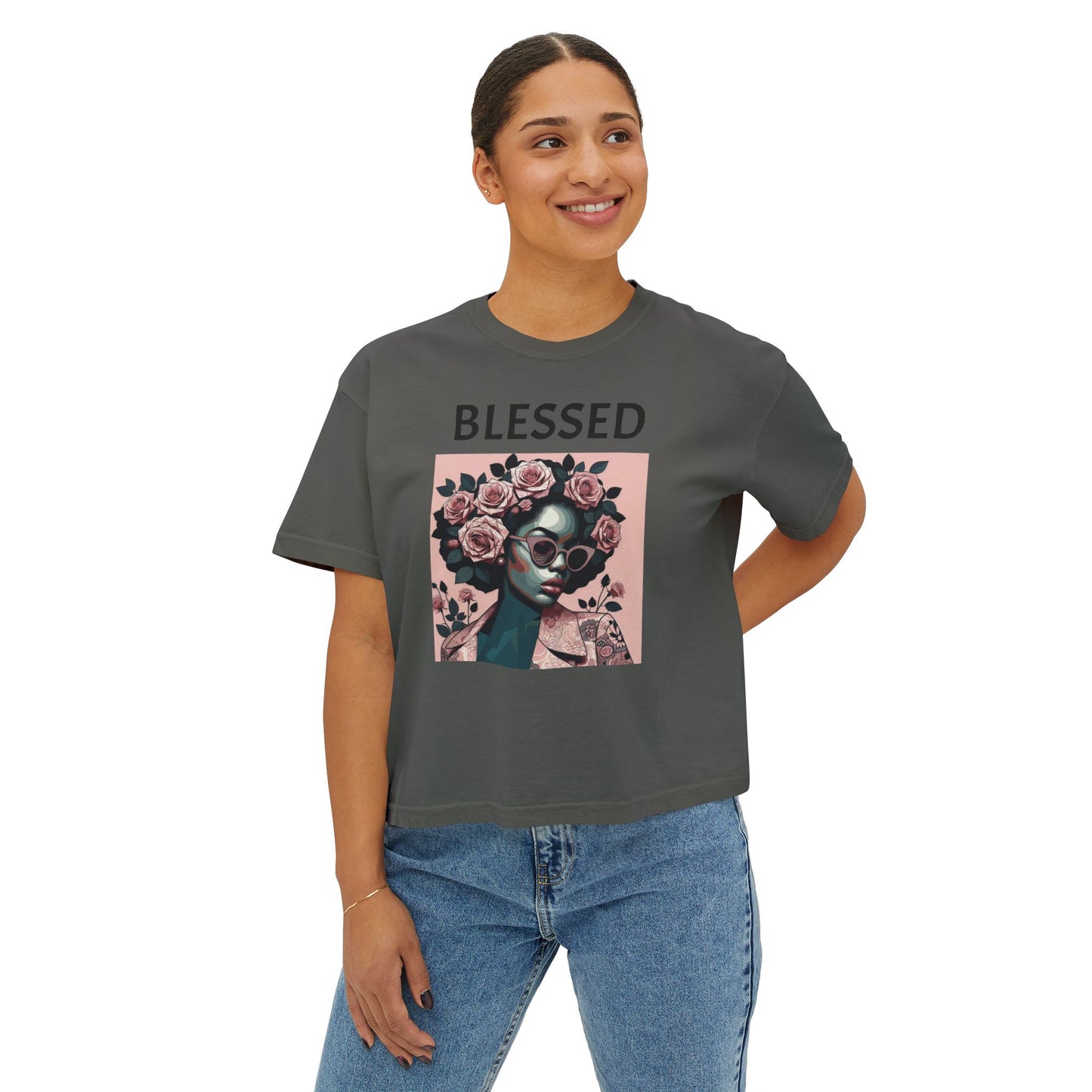 Blessed Women's Boxy Tee, Inspirational Graphic Tee, Positive Affirmation Shirt, Gift for Her, Casual Wear, Self-Love Top - Black Lettering