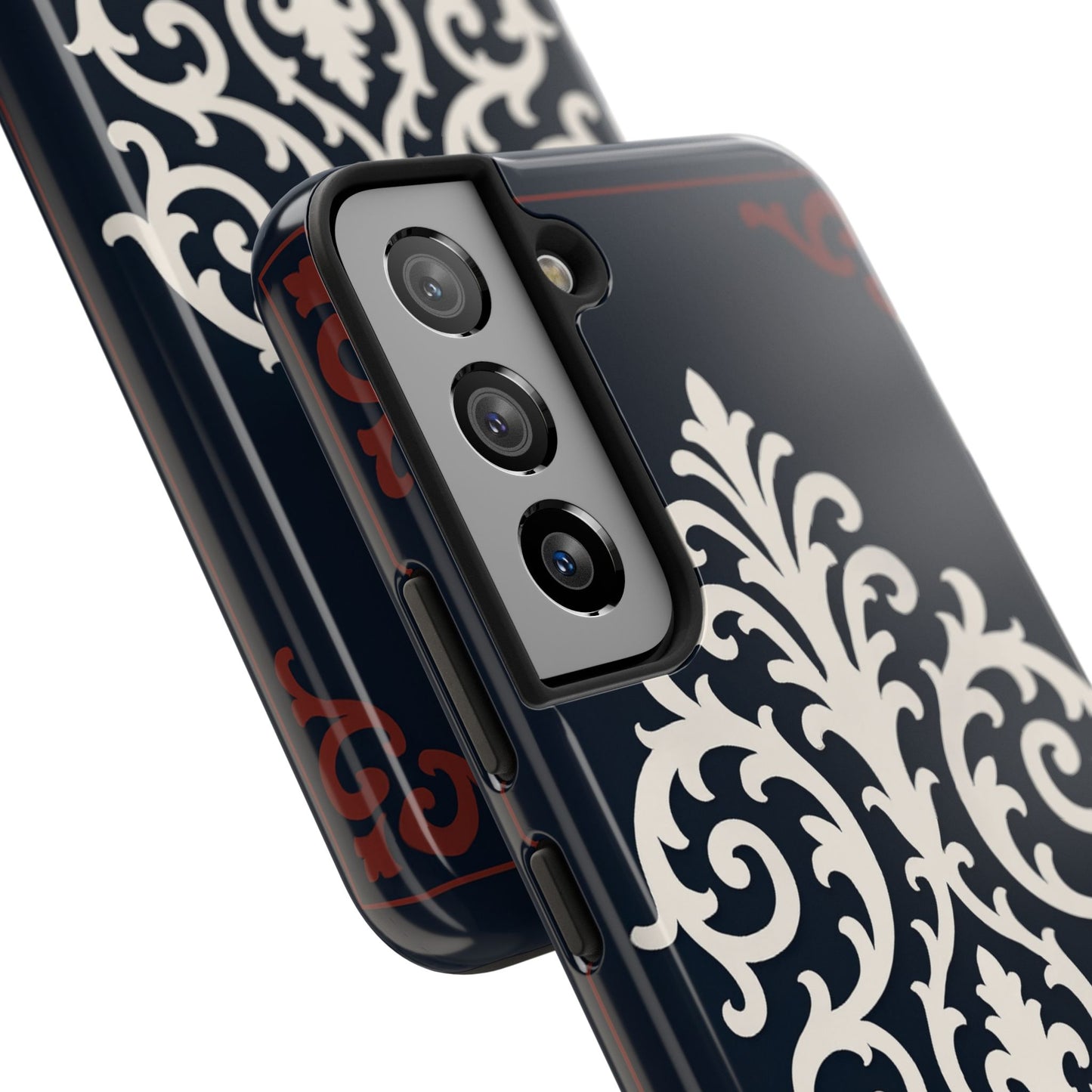Dusk Blue-Maroon & White Baroque Tough Phone Case — Vintage Scroll Design