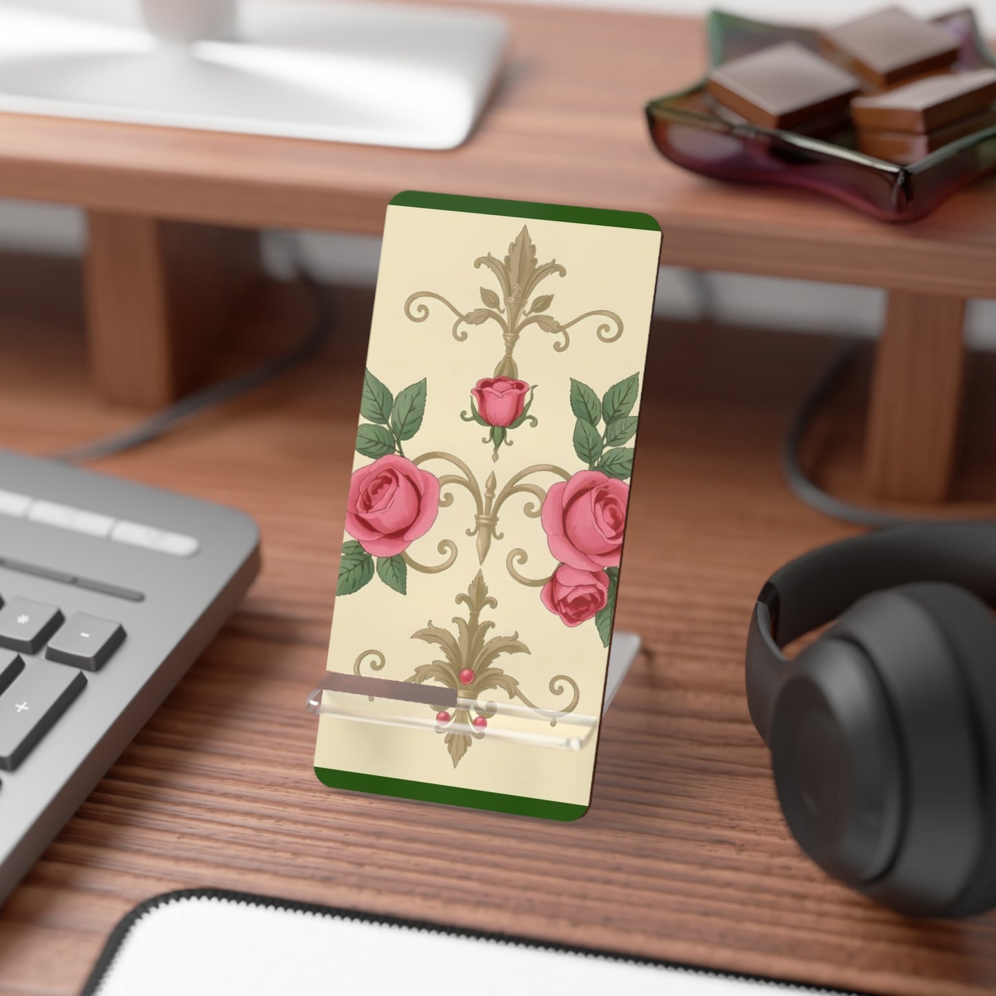 Elegant Floral Smartphone Display Stand -Green Border Roses & Damask - Decorative Mobile Holder