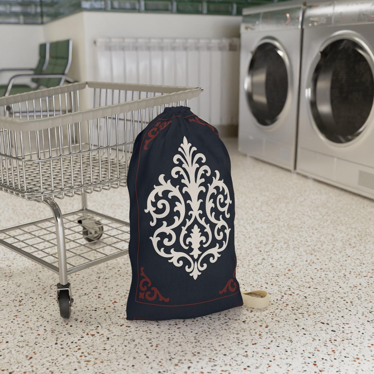 Dusk Blue-Maroon & White Baroque Laundry Bag — Dusk Blue & White Travel Wash Bag