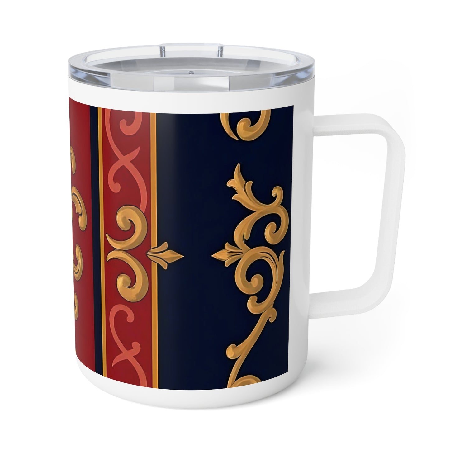Elegant Insulated Coffee Mug - 10oz, Decorative Travel Mug, Luxe Hot Drink Cup, Stylish Housewarming Gift - Midnight Blue & Dusk Red Gold Baroque