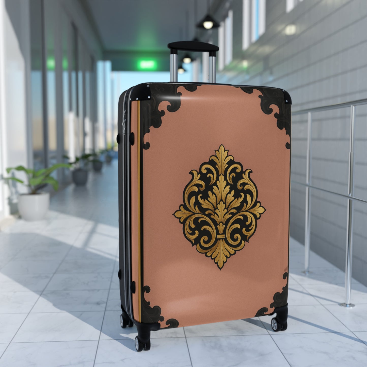 Mauve & Black-Gold Baroque Carry-On Suitcase with Elegant Gold Baroque Design — Vintage Travel Luggage