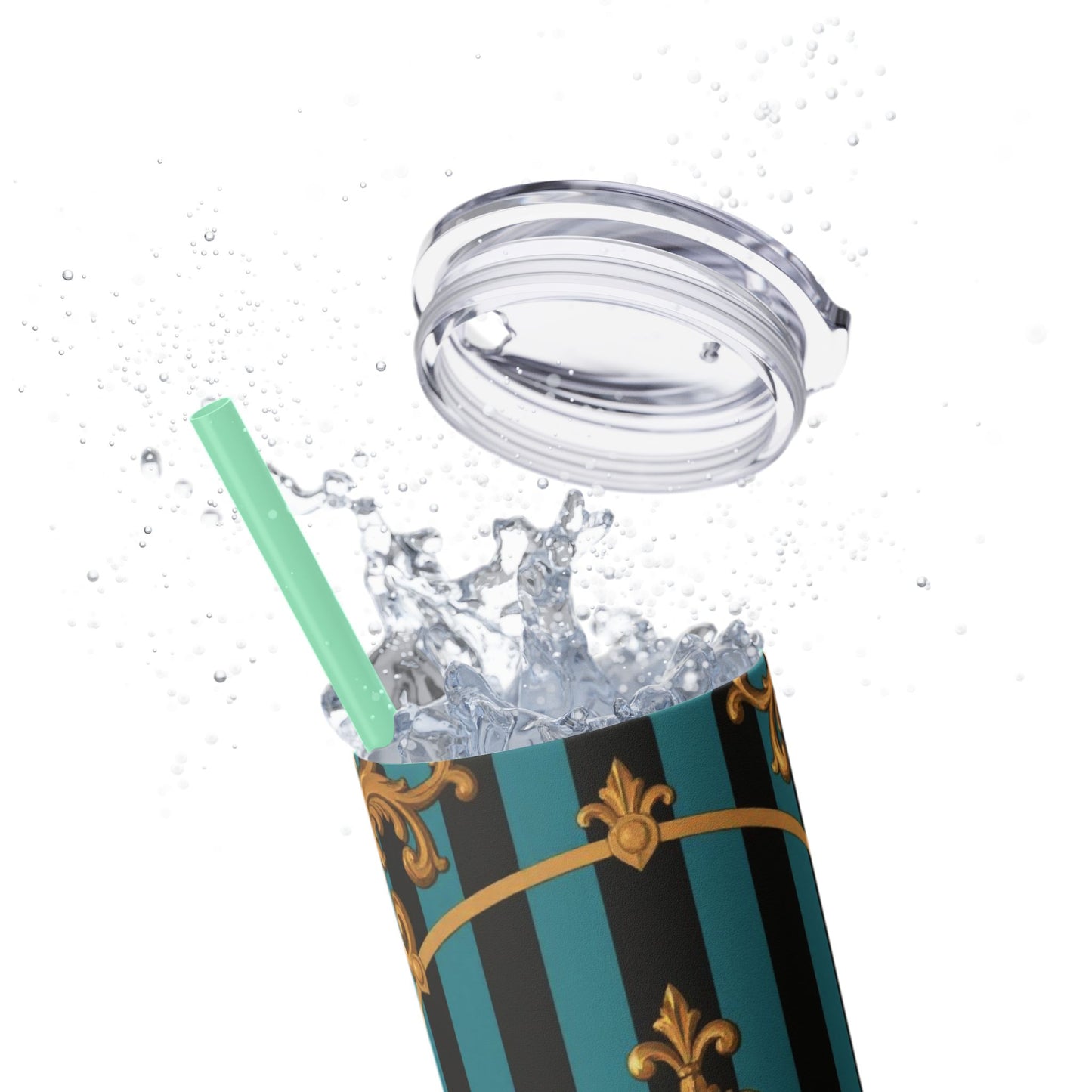 Elegant Turquoise & Black Striped Gold Baroque Skinny Tumbler with Straw, 20oz, Stylish Travel Mug, Party Favor, Birthday Gift, Drinkware