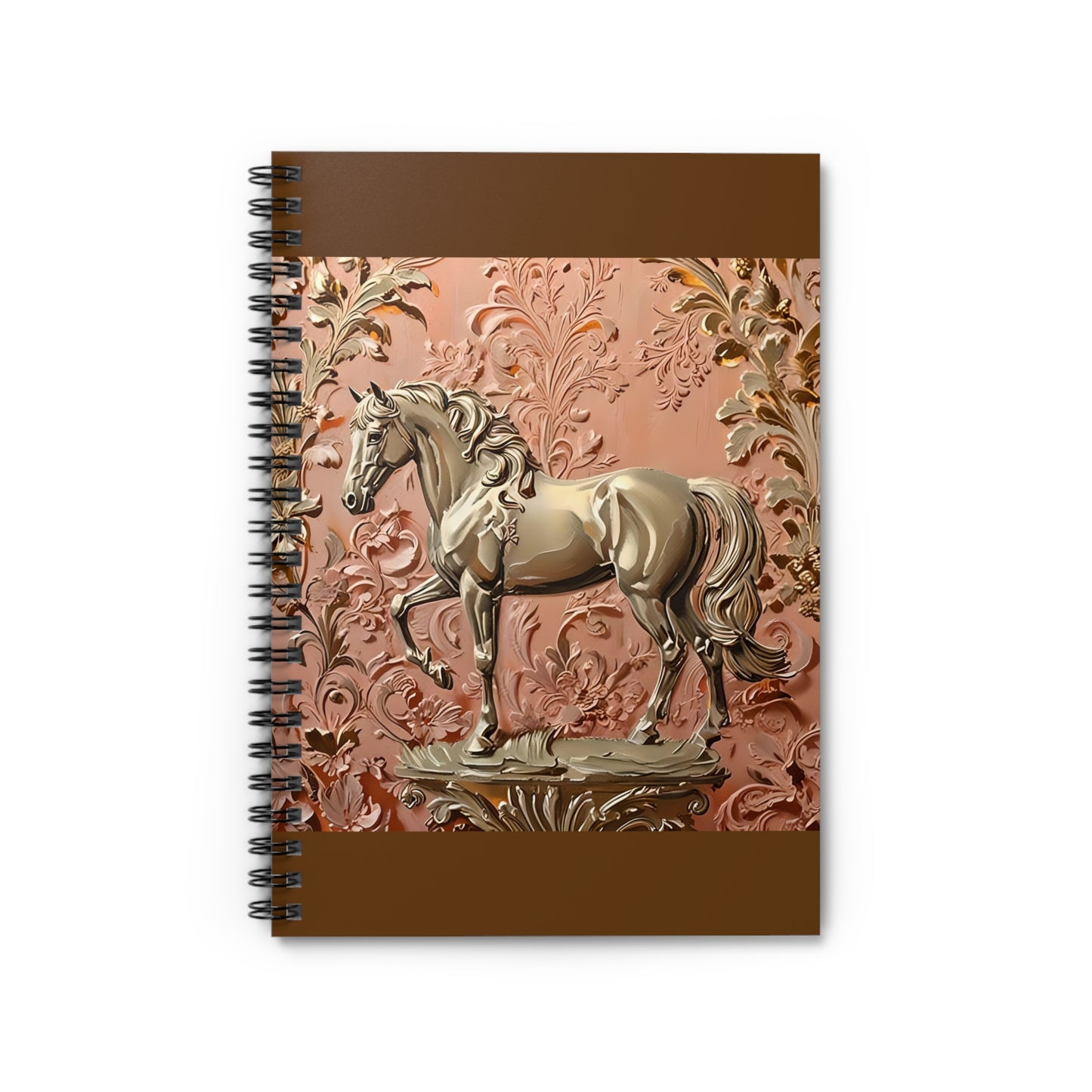 Elegant Vintage Spiral Notebook - Ruled Line with Gold Horse In Peach & Gold Damask