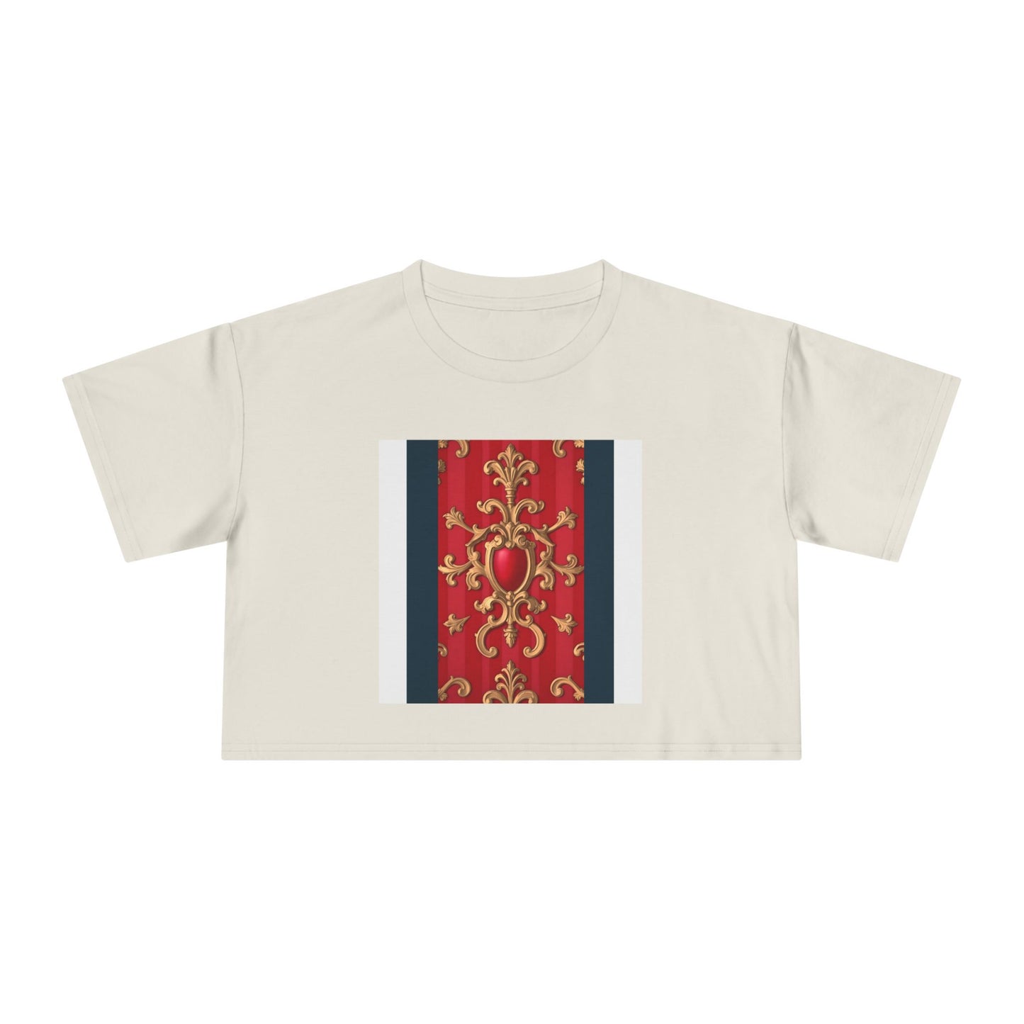 Women's Vintage Floral Crop Tee, Casual Summer Top, Bohemian Fashion, Trendy T-Shirt, Vacation Outfit - Blue, Red & White Striped Baroque