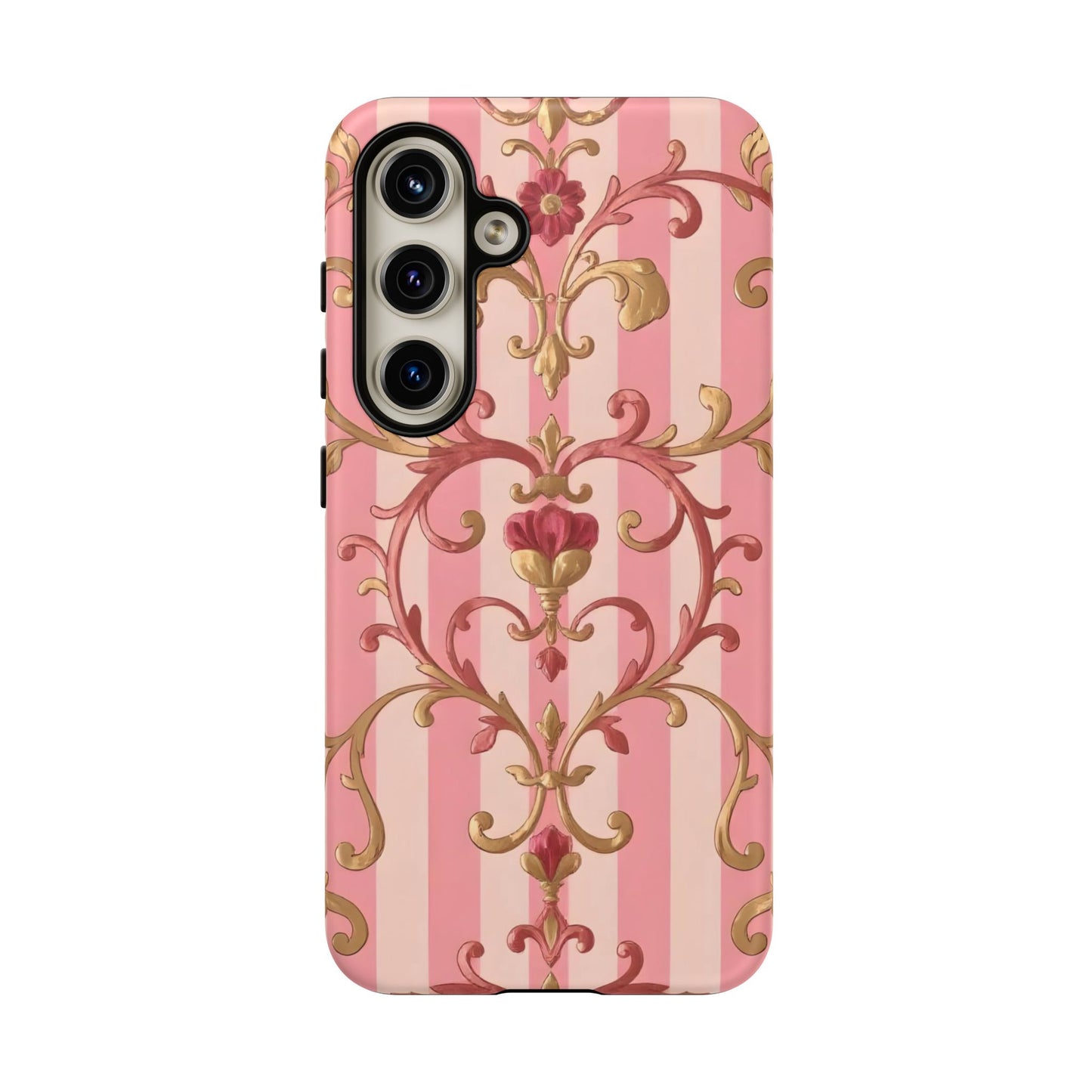 Elegant Floral Motif Phone Case - Tough Cases with Vintage Design - Pink Striped Rose Gold Damask