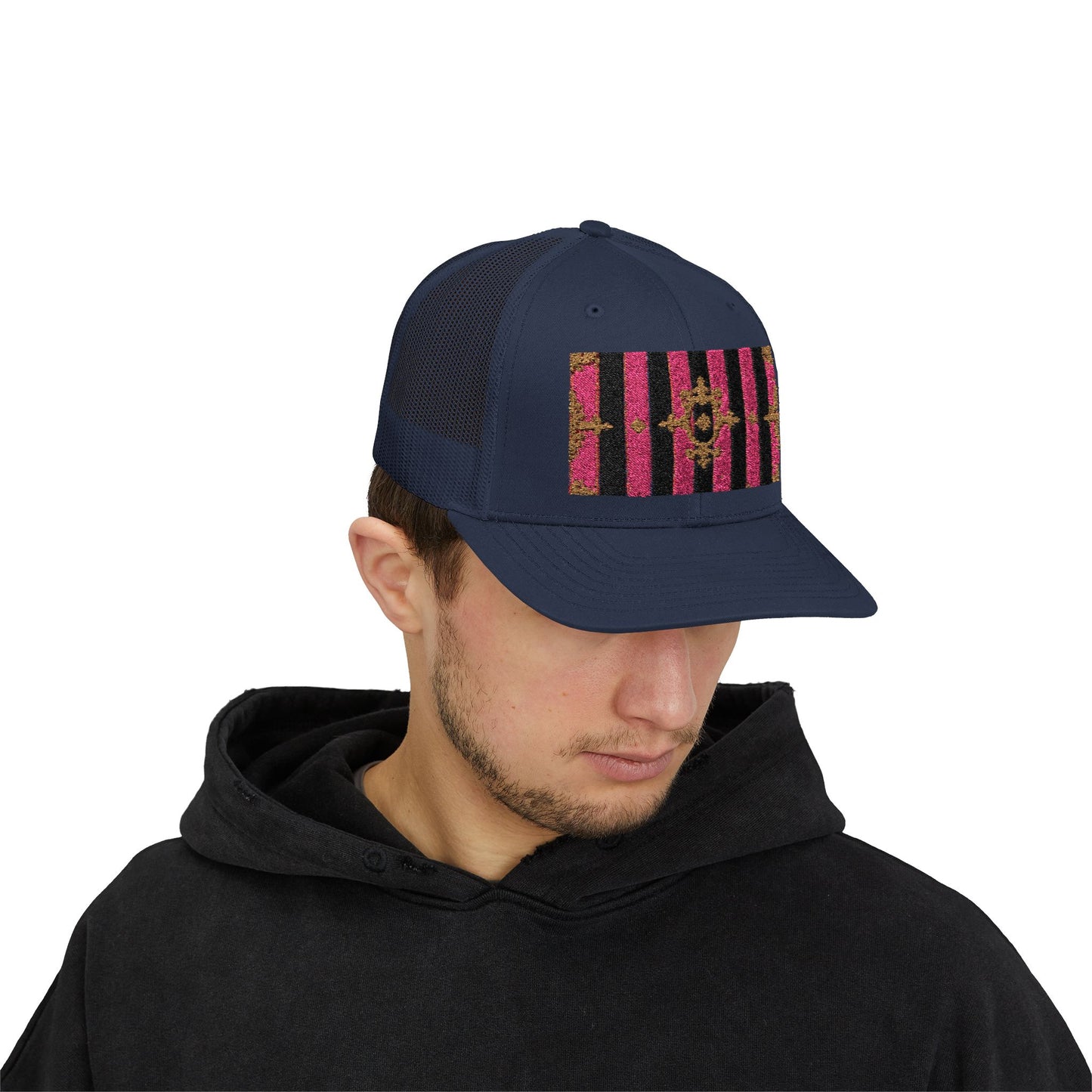 Stylish Snapback Trucker Cap with Black & Mauve Striped Gold Baroque, Trendy Fashion Hat, Perfect Gift for Him/Her
