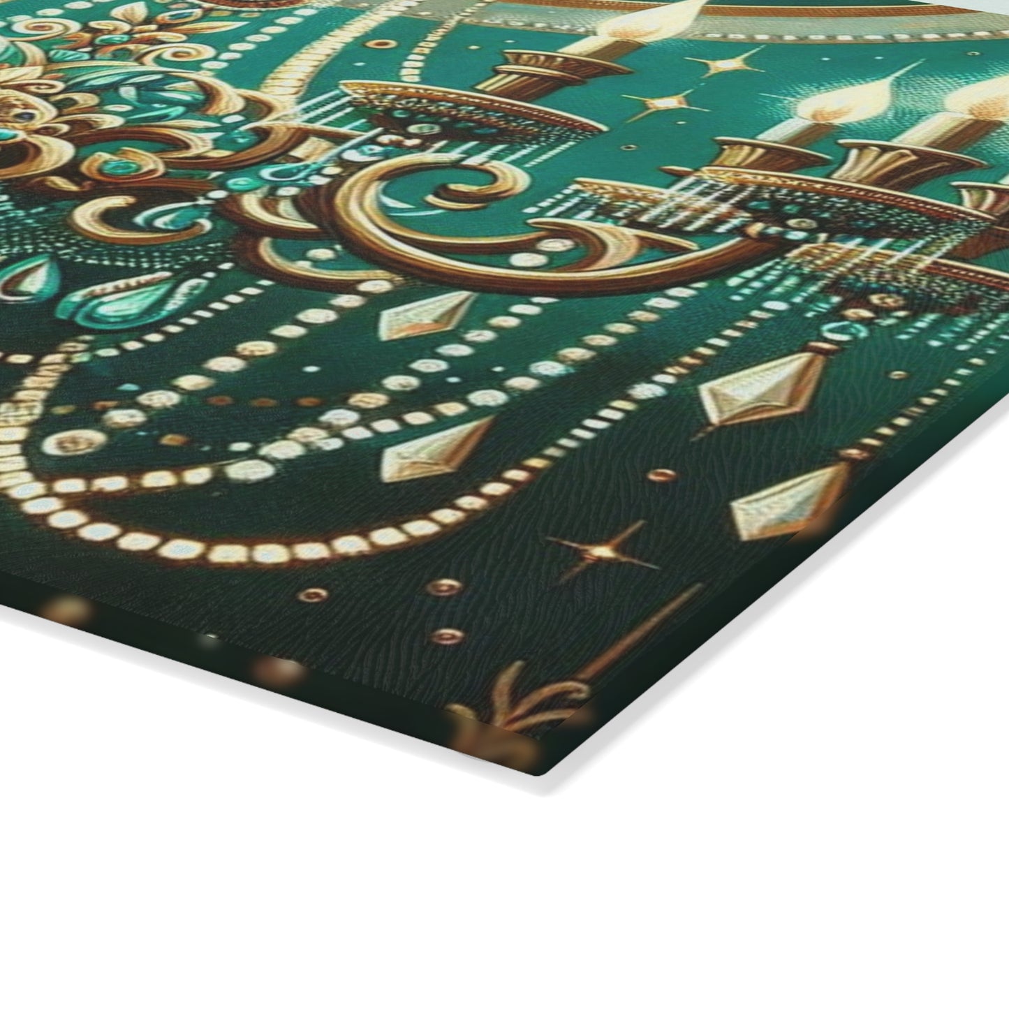 Glass Cutting Board - Green & Gold Jeweled Chandelier