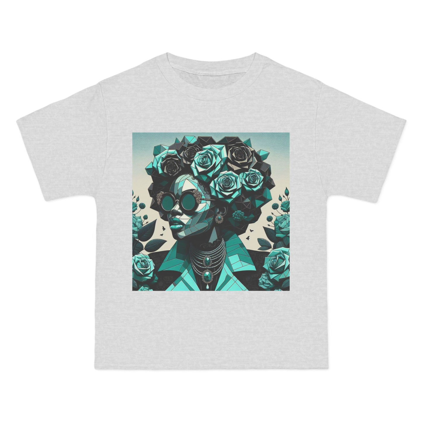 Trendy Floral Graphic Tee | Artistic Short-Sleeve Shirt, Fashionable Summer Top, Chic Gift for Her - Turquoise & Black Roses Lady