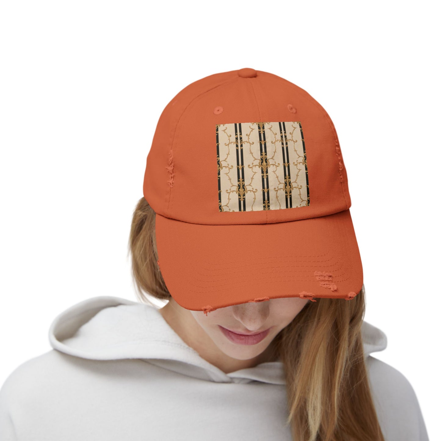 Chic Distressed Cap, Trendy Unisex Hat, Casual Summer Accessory, Perfect Gift for Fashion Lovers - Black & Beige Striped Damask