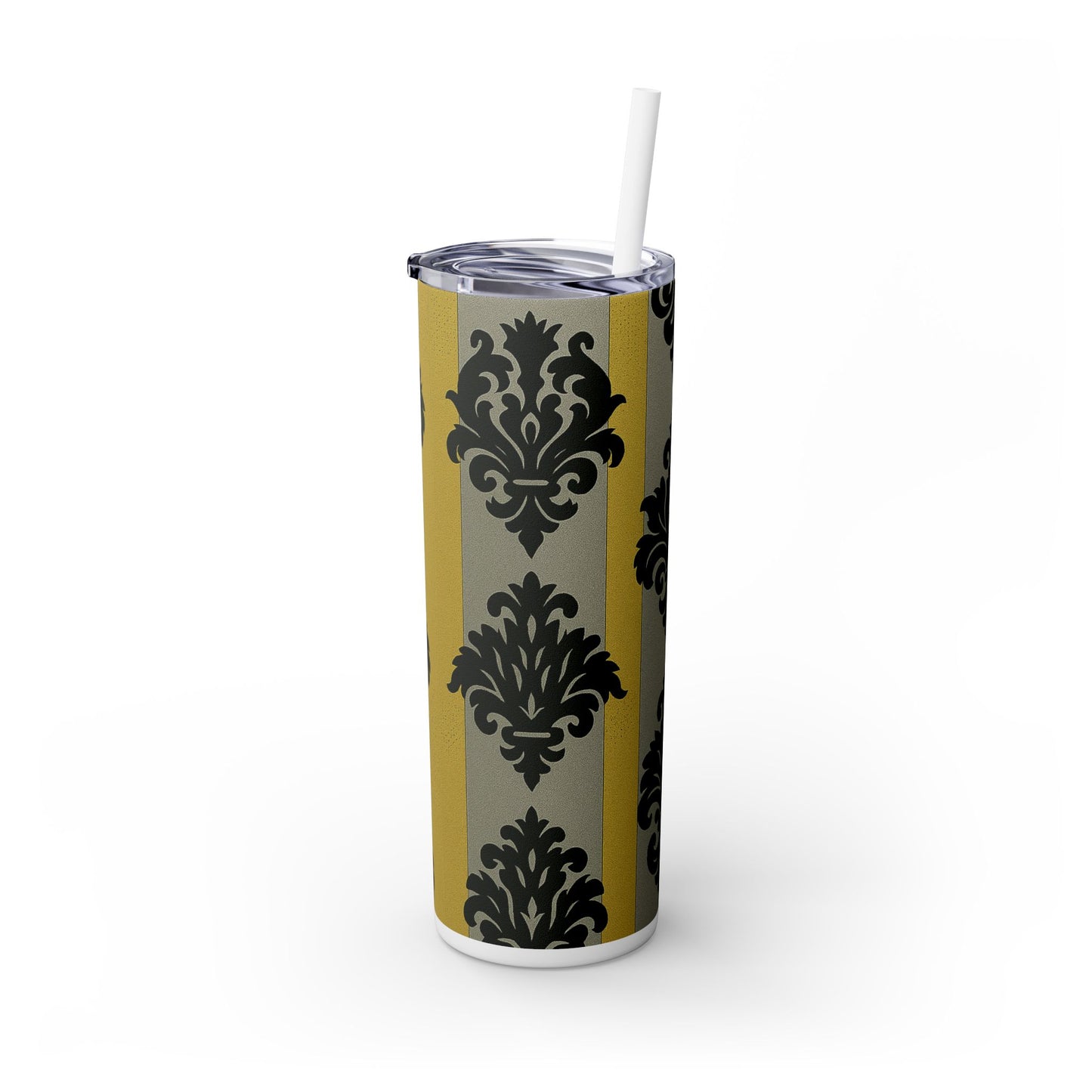 Elegant Baroque Skinny Tumbler, 20oz Travel Mug, Stylish Drinkware for Home or Office, Unique Gift for Her - Silver & Gold Striped Black Baroque
