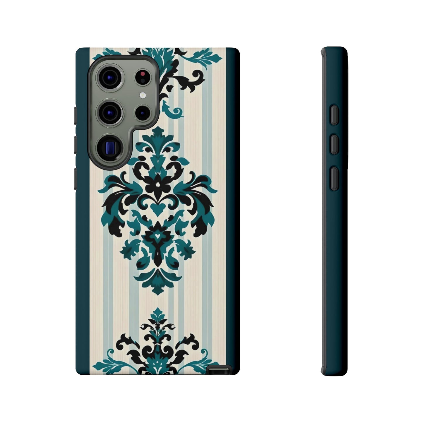 Elegant Floral Phone Case - Tough Cases with Vintage Design - Teal Striped Damask
