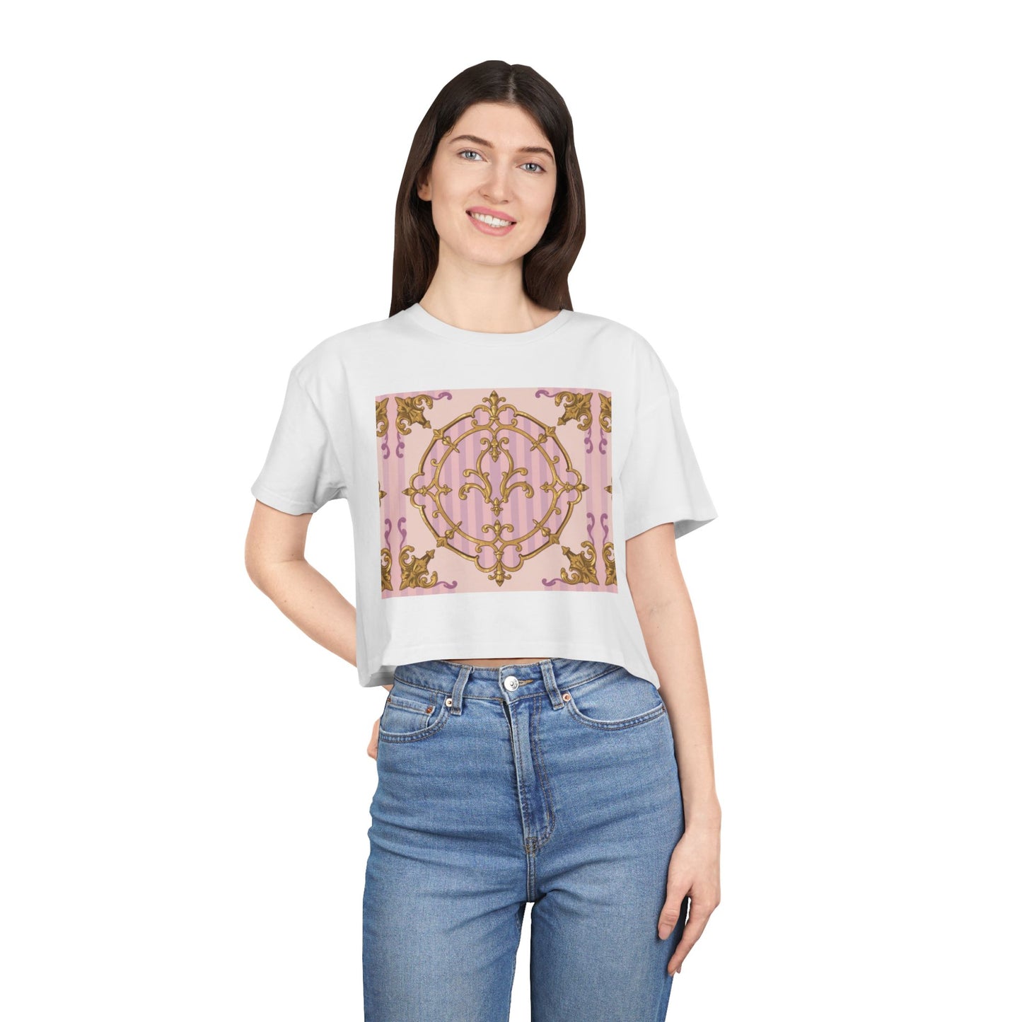 Chic Women's Crop Tee with Elegant Lavender & Alabaster Striped Gold Baroque Print - Perfect for Fashionistas, Festivals, Gifts, Summer Wear