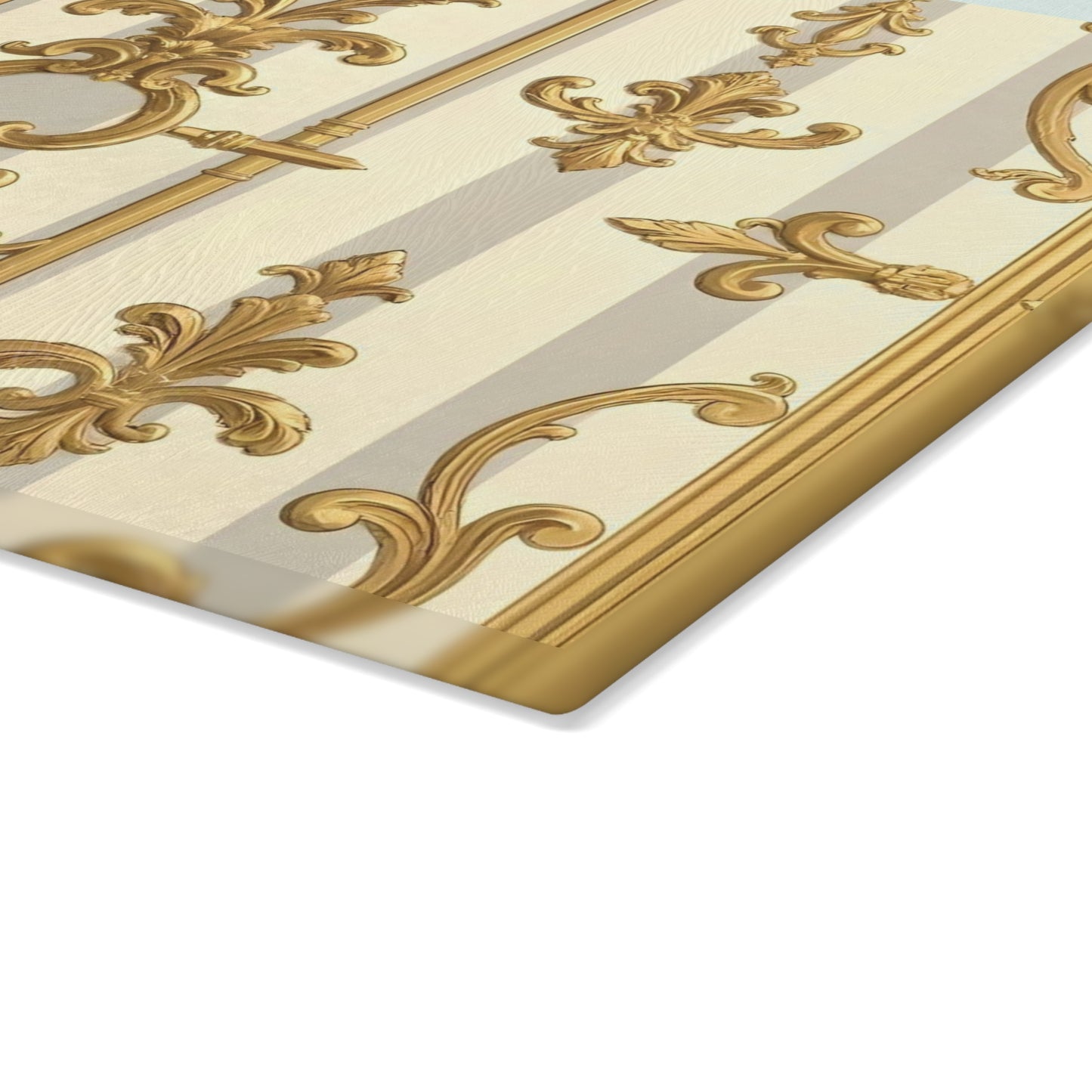 Ornate Glass Cutting Board - Elegant Kitchen Decor, Wedding Gift, Home Cook Gift - Matte Gray & Cream Striped Gold Baroque