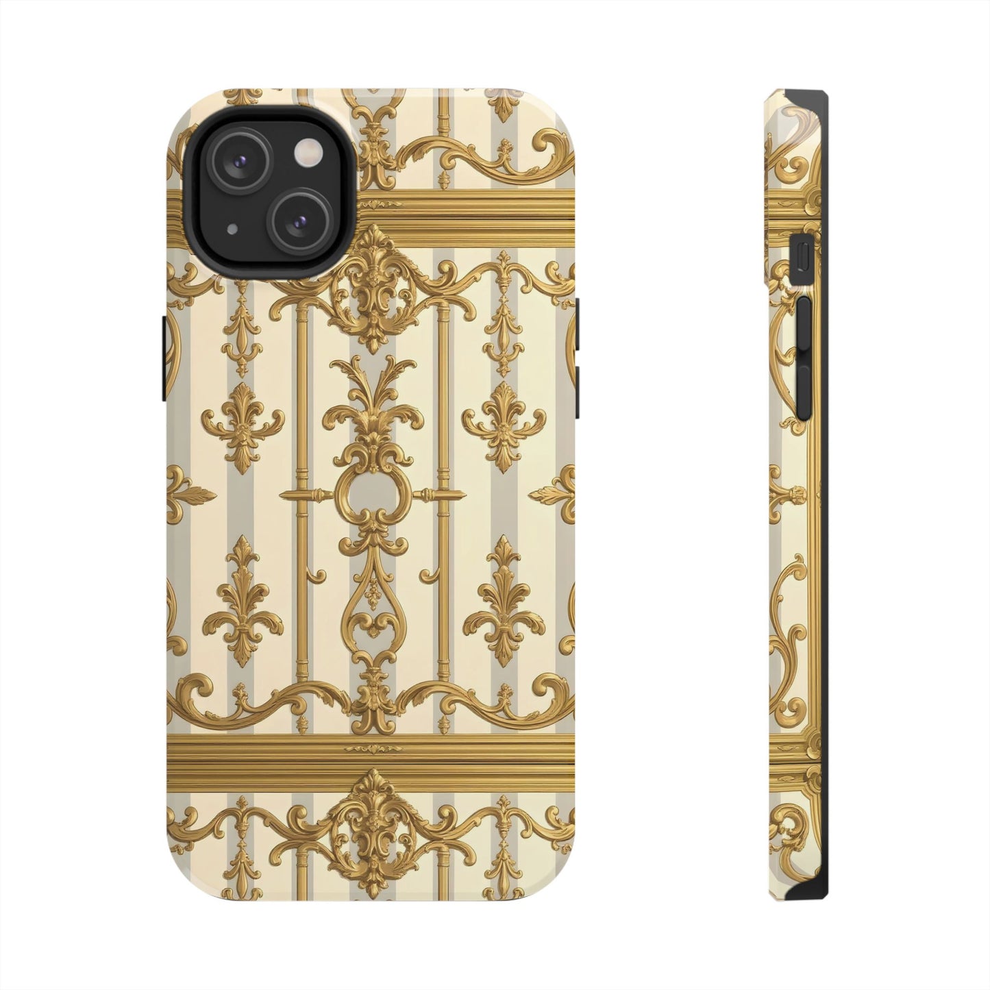 Elegant Gold Pattern Tough Phone Cases | Stylish Phone Covers, Trendy Cell Phone Accessories - Matte Gray & Cream Striped Gold Baroque