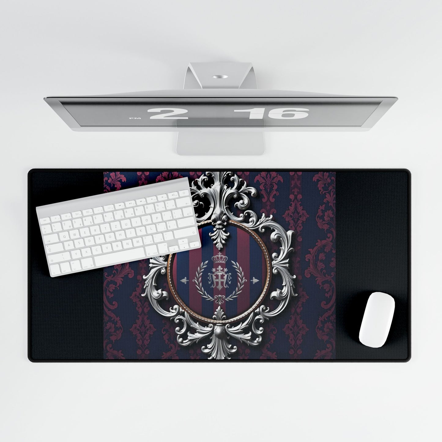 Elegant Desk Mats for Home Office, Stylish Desk Mats for Work, Personalized Office Decor, Chic Mouse Pads - Blue & Plum Striped Silver Crest