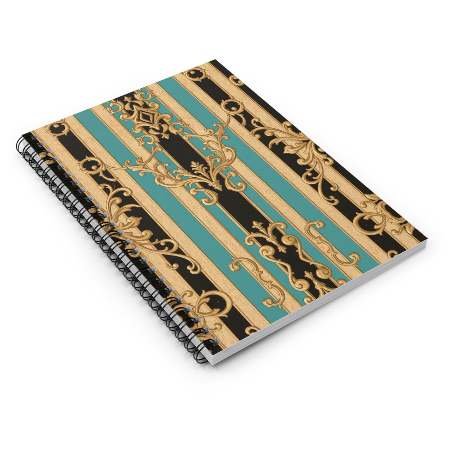 Elegant Black, Tan & Ocean Green Striped Gold Baroque Spiral Notebook - Ruled Lines, Vintage Style Journal, Office Supplies, Gift for Writers