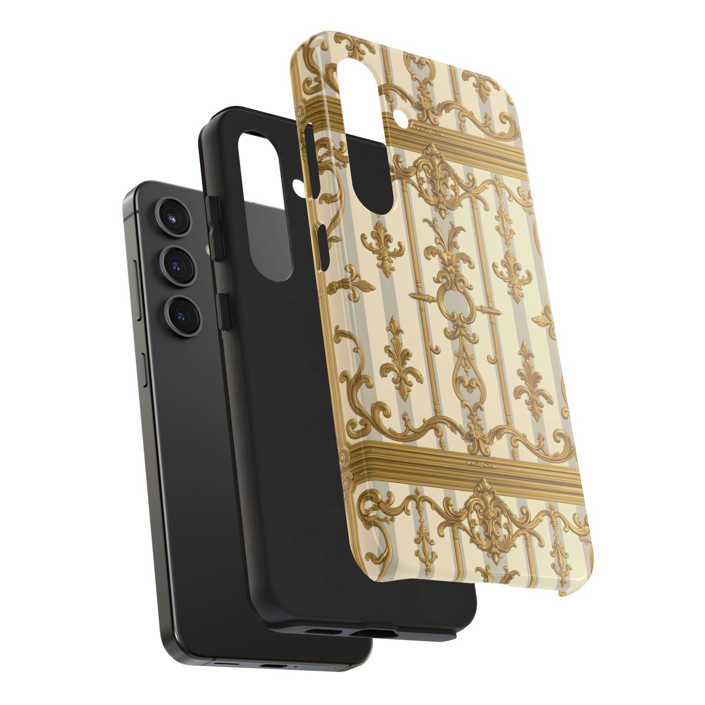 Elegant Gold Pattern Tough Phone Cases | Stylish Phone Covers, Trendy Cell Phone Accessories - Matte Gray & Cream Striped Gold Baroque